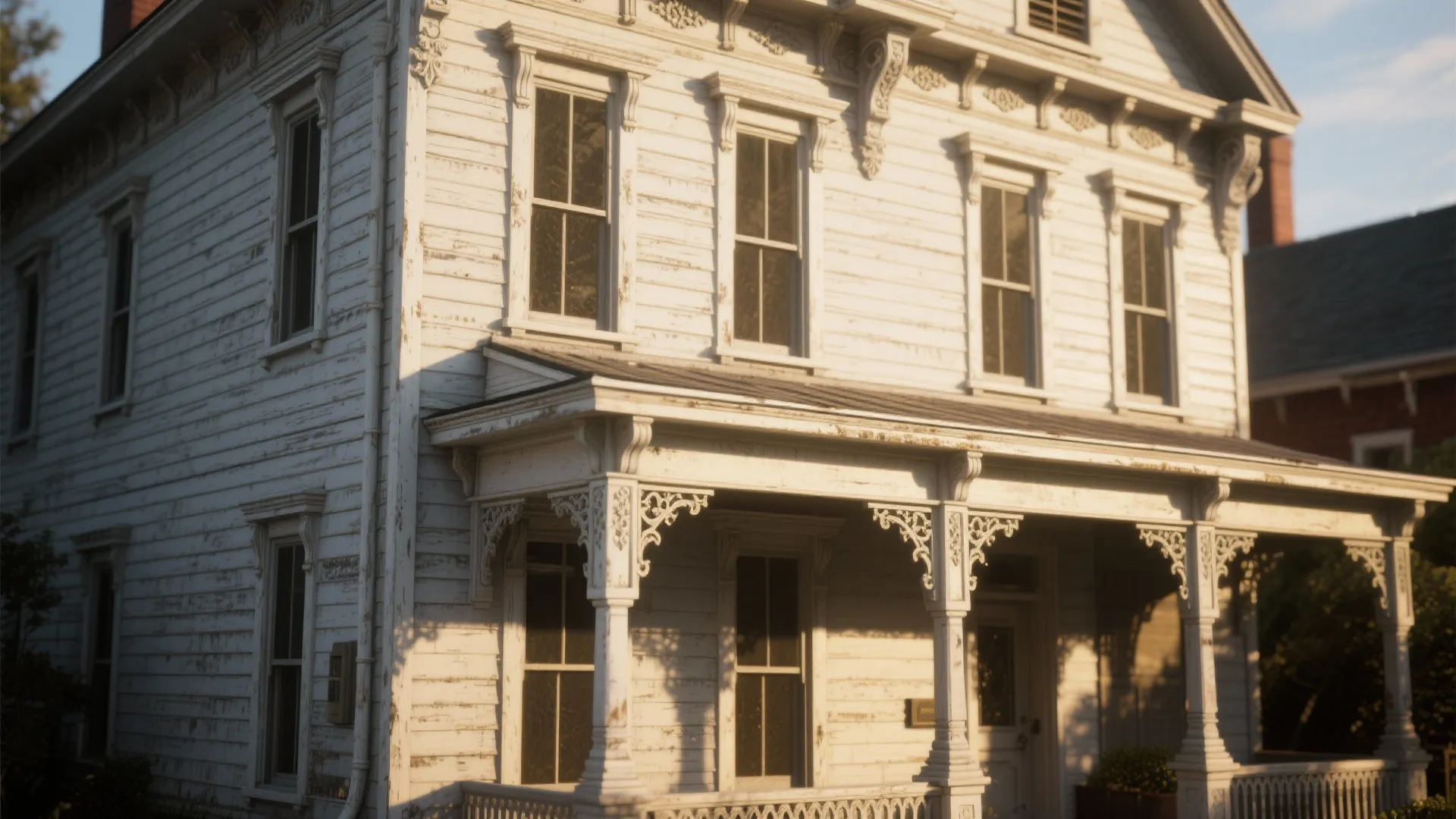 Classic white two story house with front porch decorative columns many windows and aged wood siding