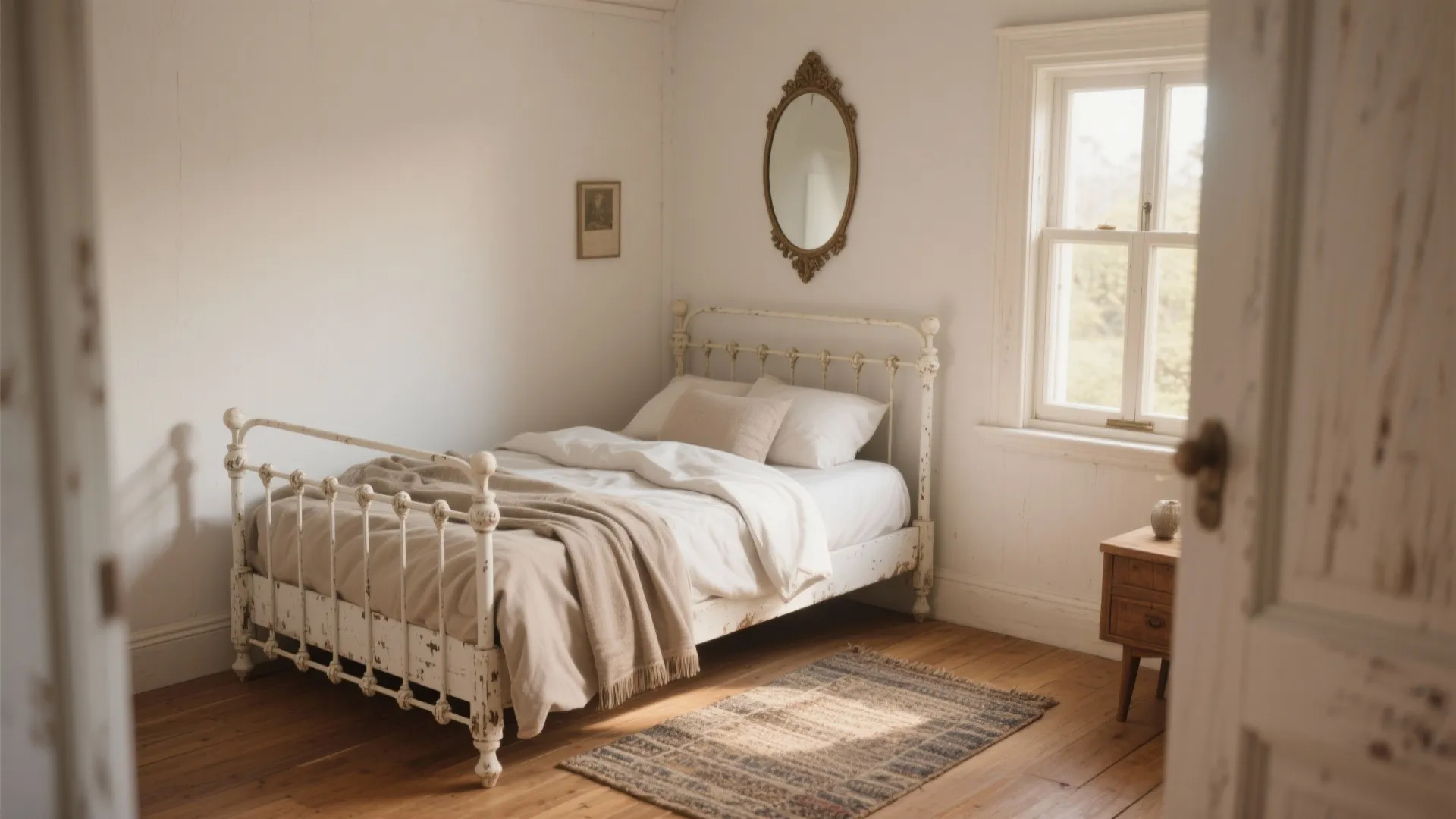 Vintage bedroom with white metal bed frame wooden floor small rug and mirror on wall