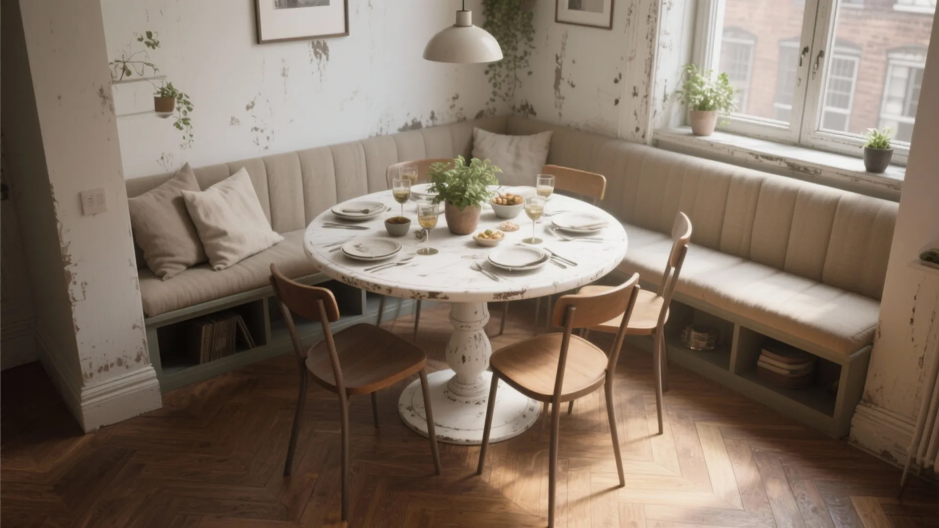 White round dining table with wood chairs and corner bench seating with cushions on floor