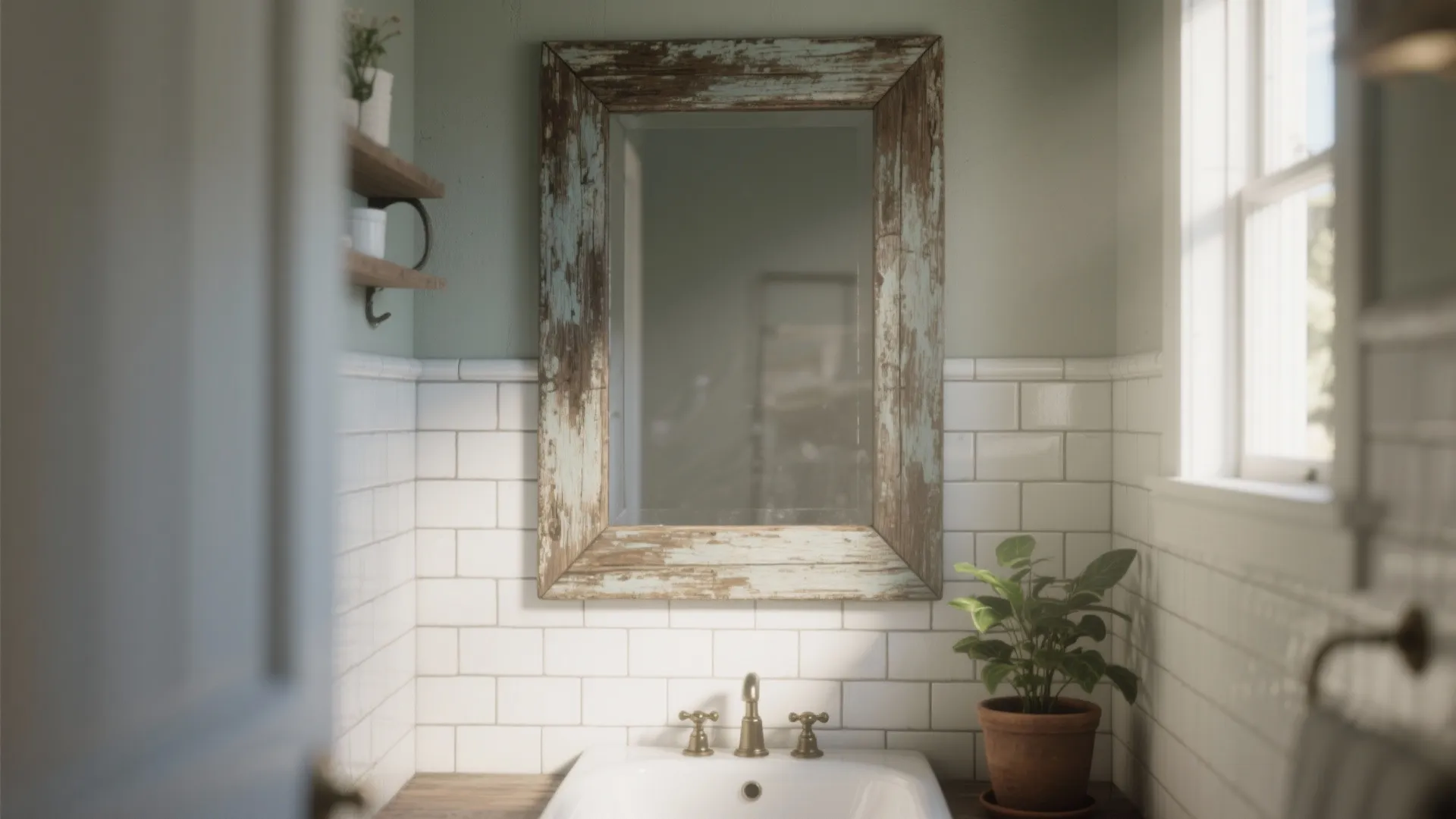 Antique reclaimed wood framed mirror in a small bathroom