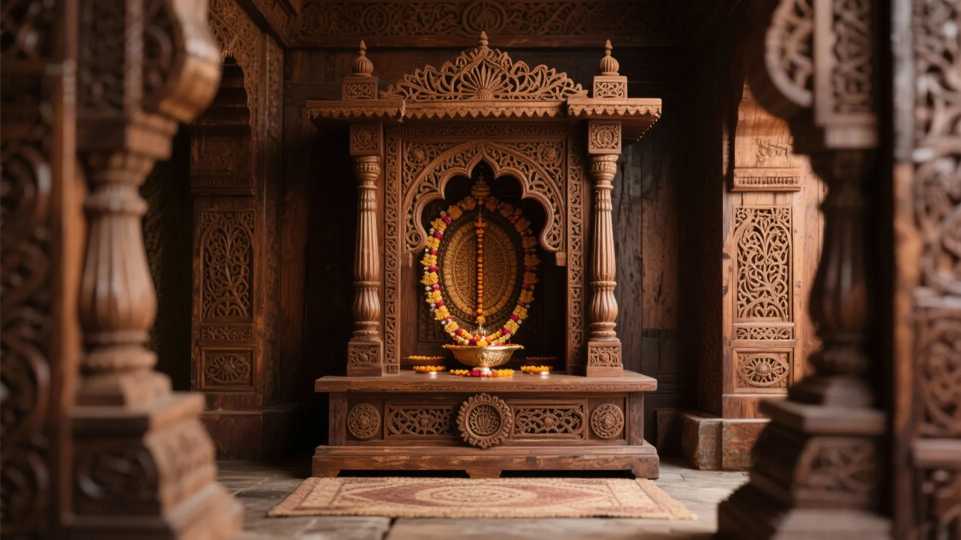 Intricate dark wood carved shrine with floral decorations, small golden bowl, and detailed patterns inside