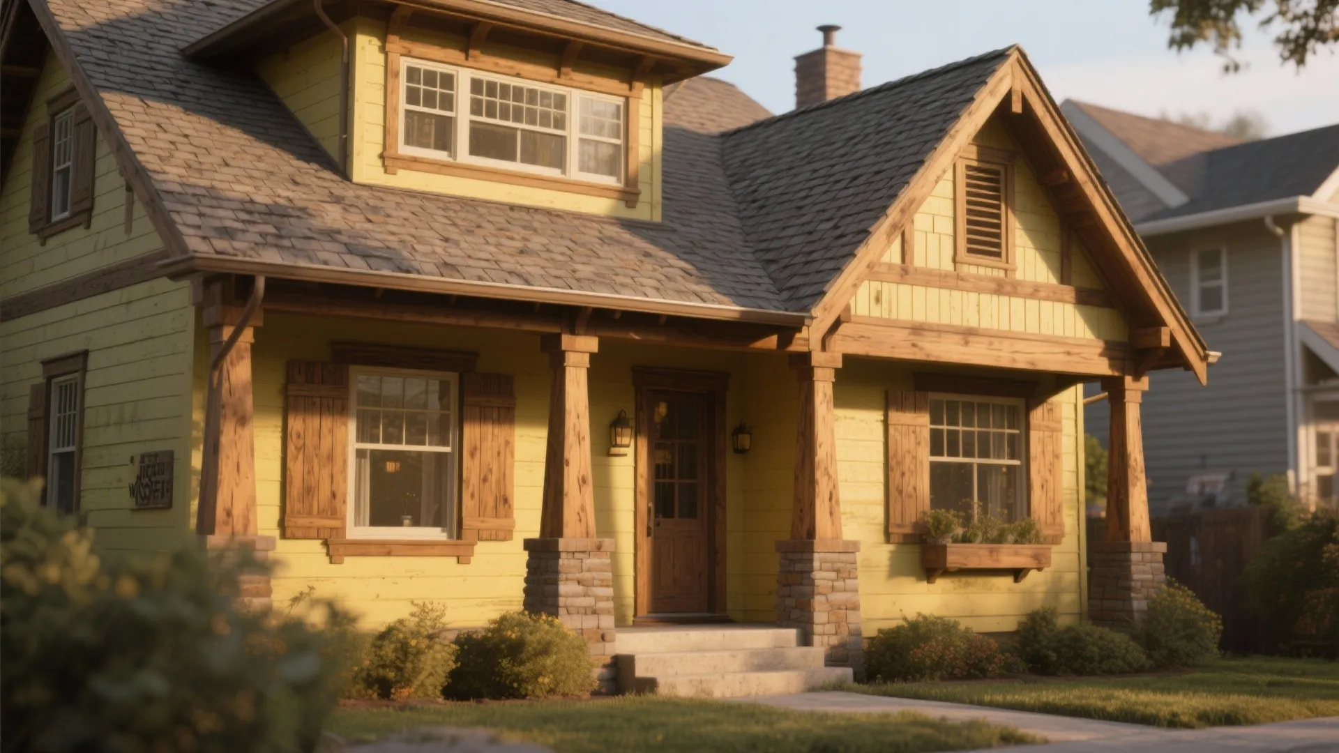 Craftsman exterior with soft antique yellow paint and exposed cedar trim warmed by late-afternoon light.