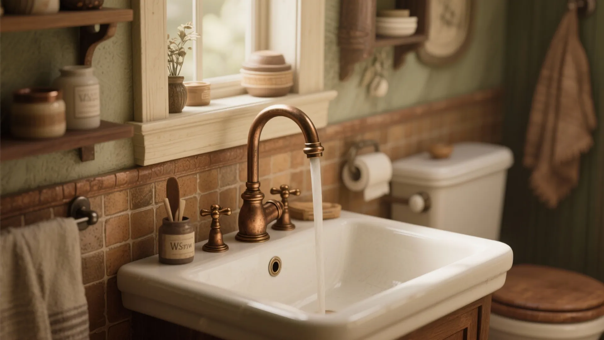Cottage-style bathroom sink featuring a two-tone antique bronze and satin brass faucet with warm accents