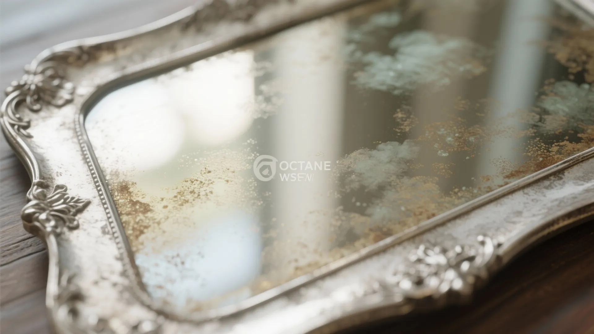 Close up view of aged glass mirror with decorative silver frame showing worn vintage surface