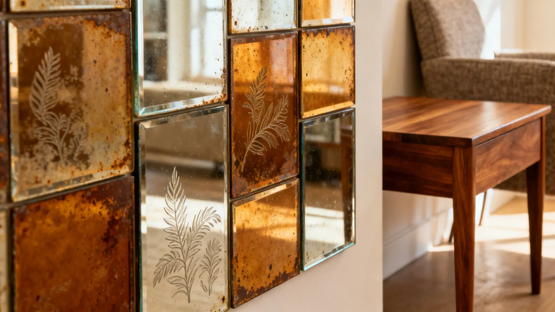 Etched and antiqued mirrored panels used as wall art, showing patina and texture with warm reflections.