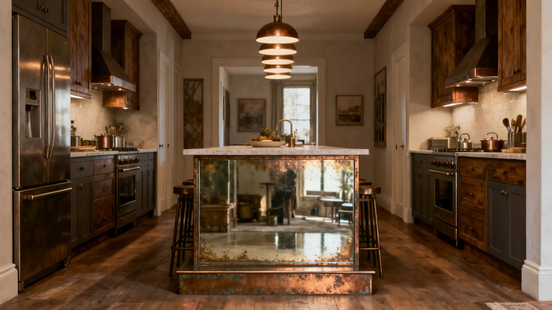 Antiqued bronze mirror panel on an island riser adds depth in a warm modern kitchen.