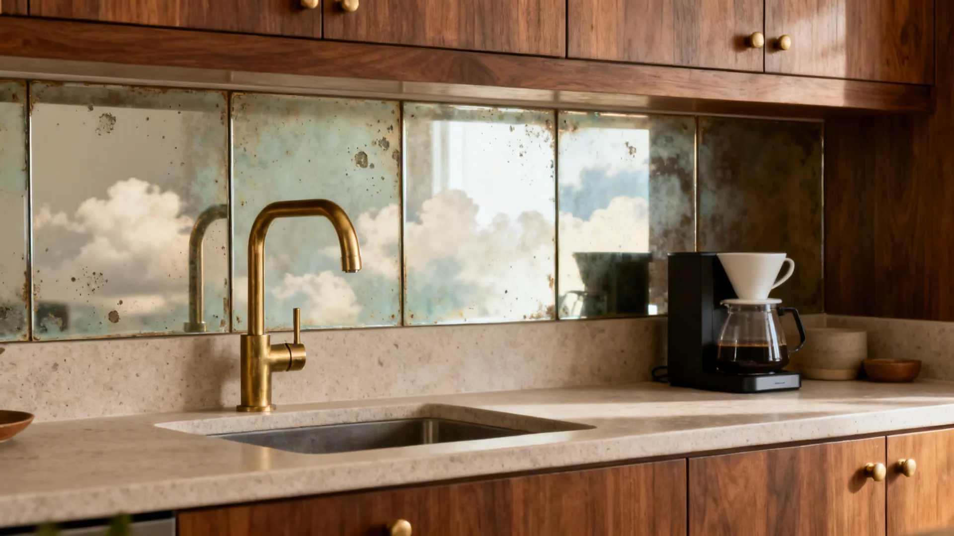 Antiqued mirror backsplash with soft patina reflecting warm walnut and brass in a kitchen.