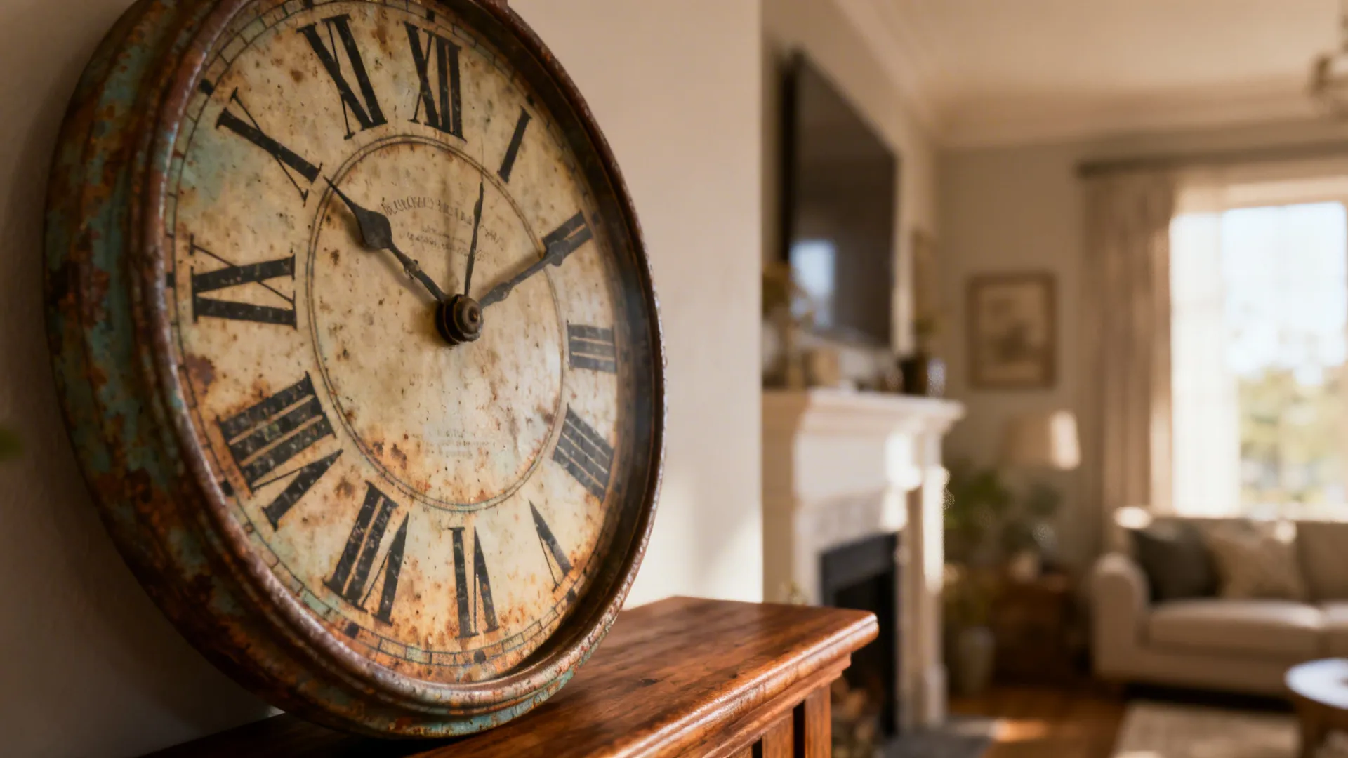 Large vintage clock with roman numerals on wooden cabinet with blurry living room in background