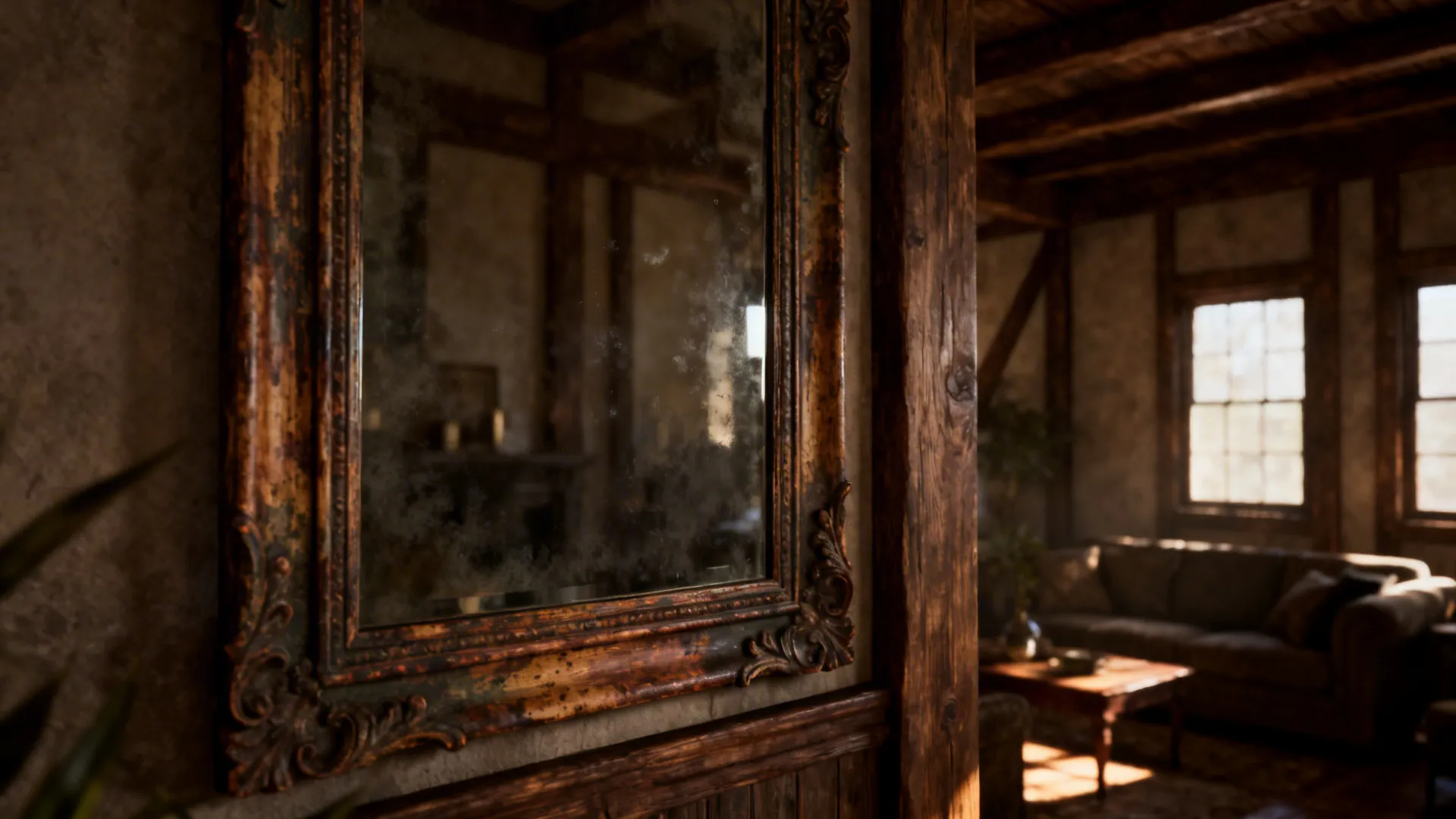 Antiqued smoked glass mirror with timber frame adding warm mood to the living room