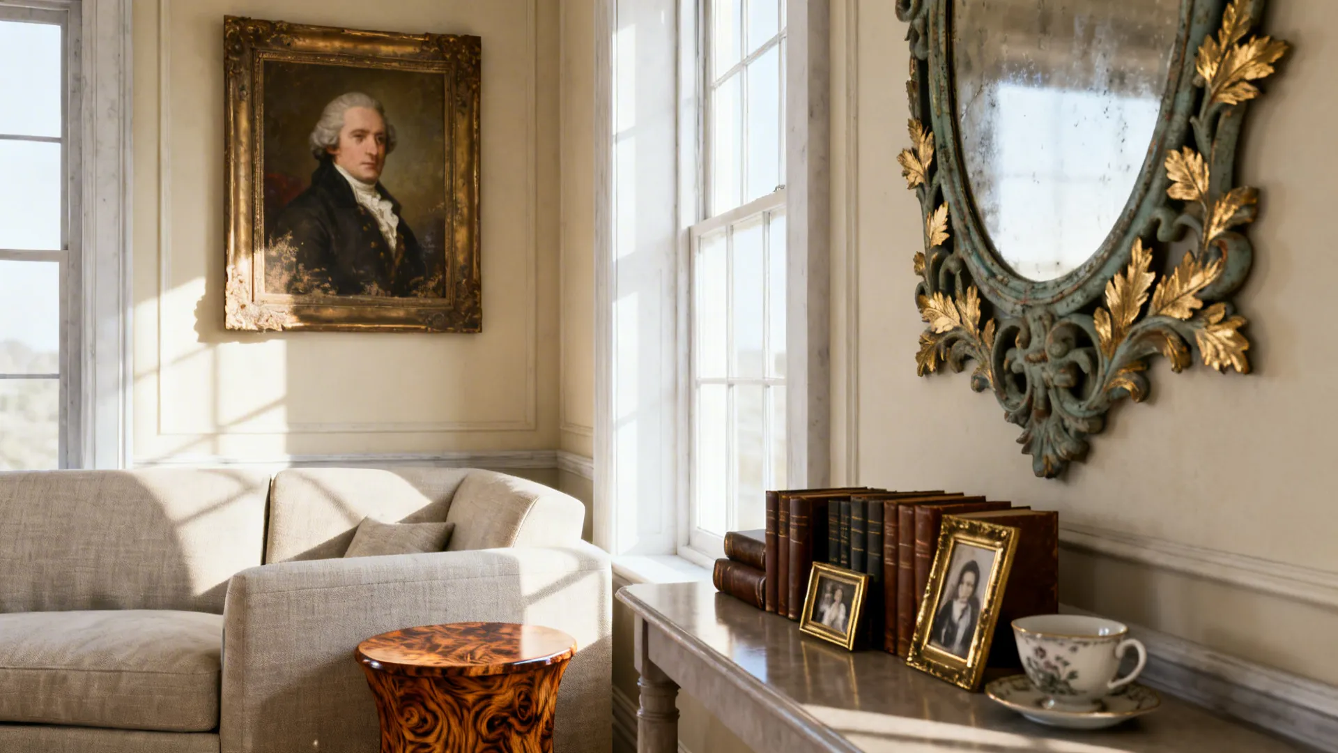 Classic living room vignette with a burl side table, vintage portrait, and curated objects with ample space.