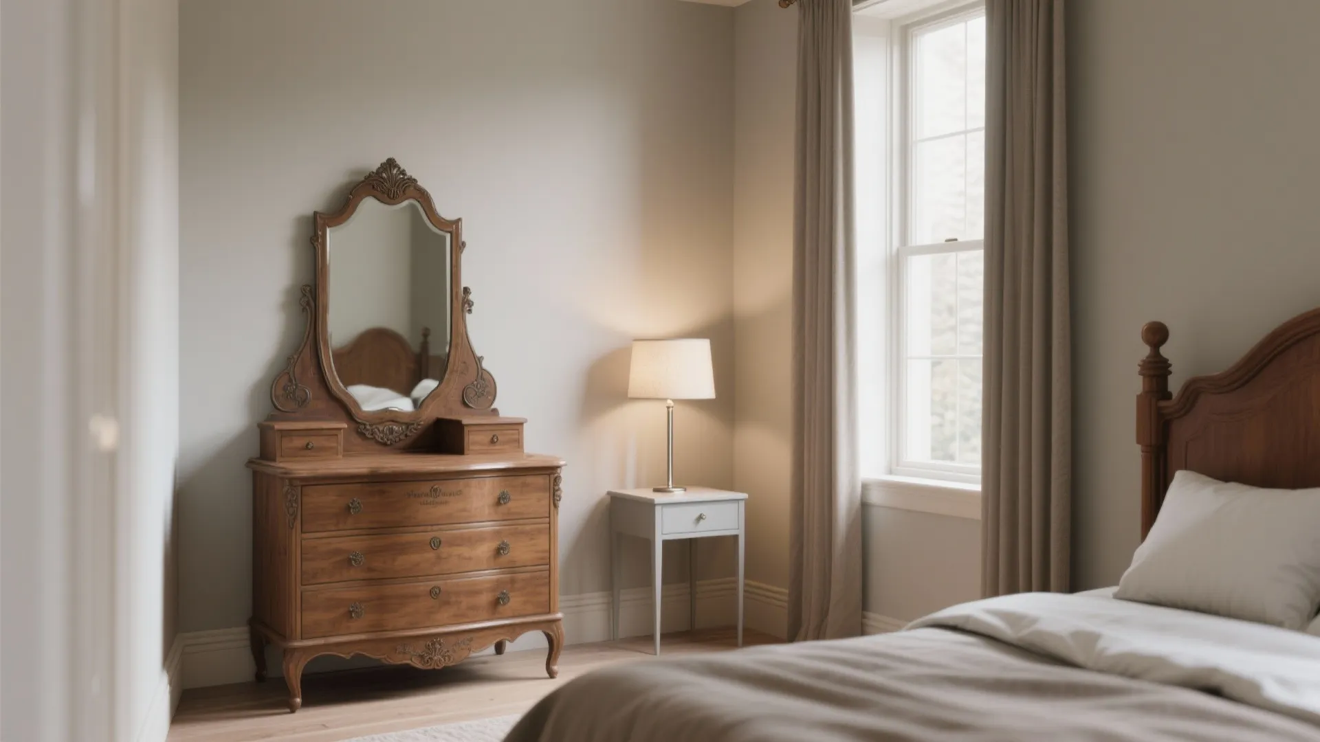 Wooden cabinet with mirror next to white side table and lamp in a bright bedroom