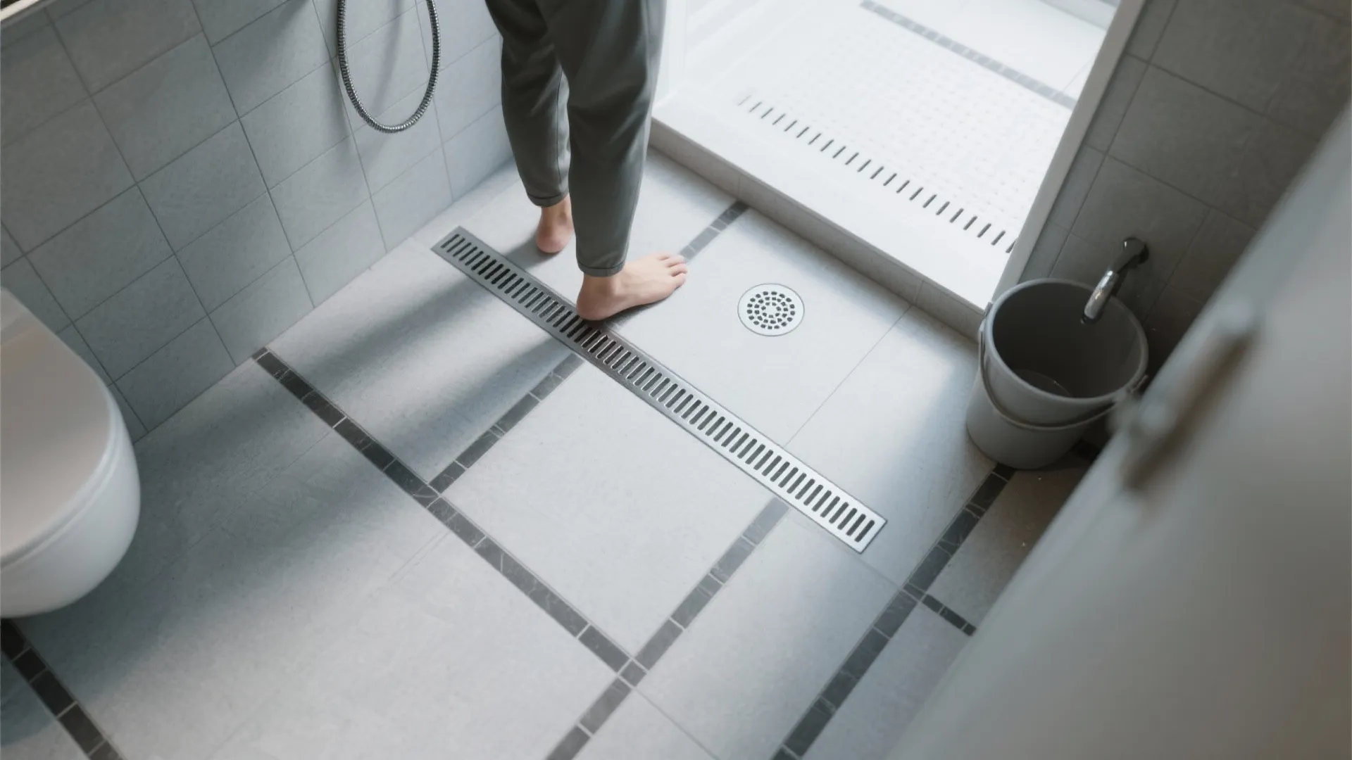 Top view of person standing on grey bathroom floor with long metal drain and square tiles