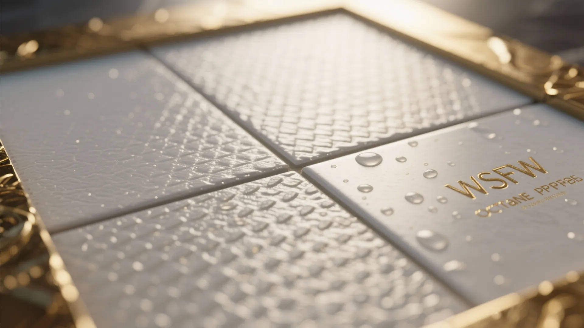 Macro view of textured white floor tiles with water drops and gold frame design elements