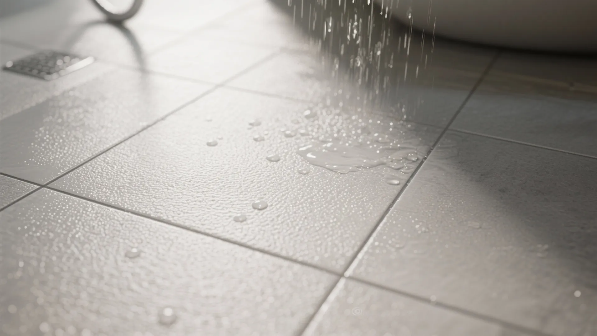 Water droplets falling on grey textured non slip floor tiles in a modern bright bathroom