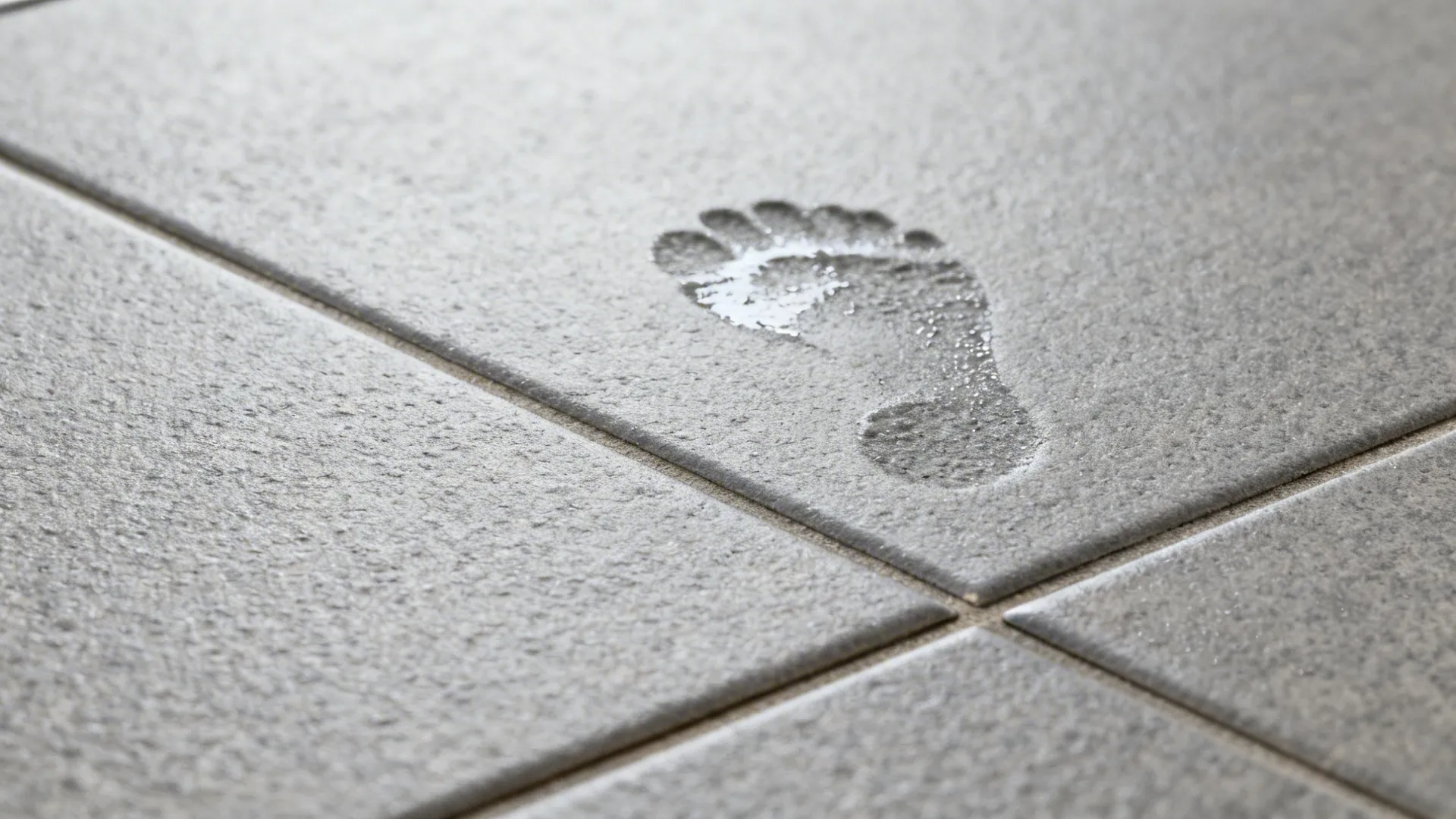 Close-up of micro-textured matte grey anti-slip floor tile showing fine grip and tight grout lines.