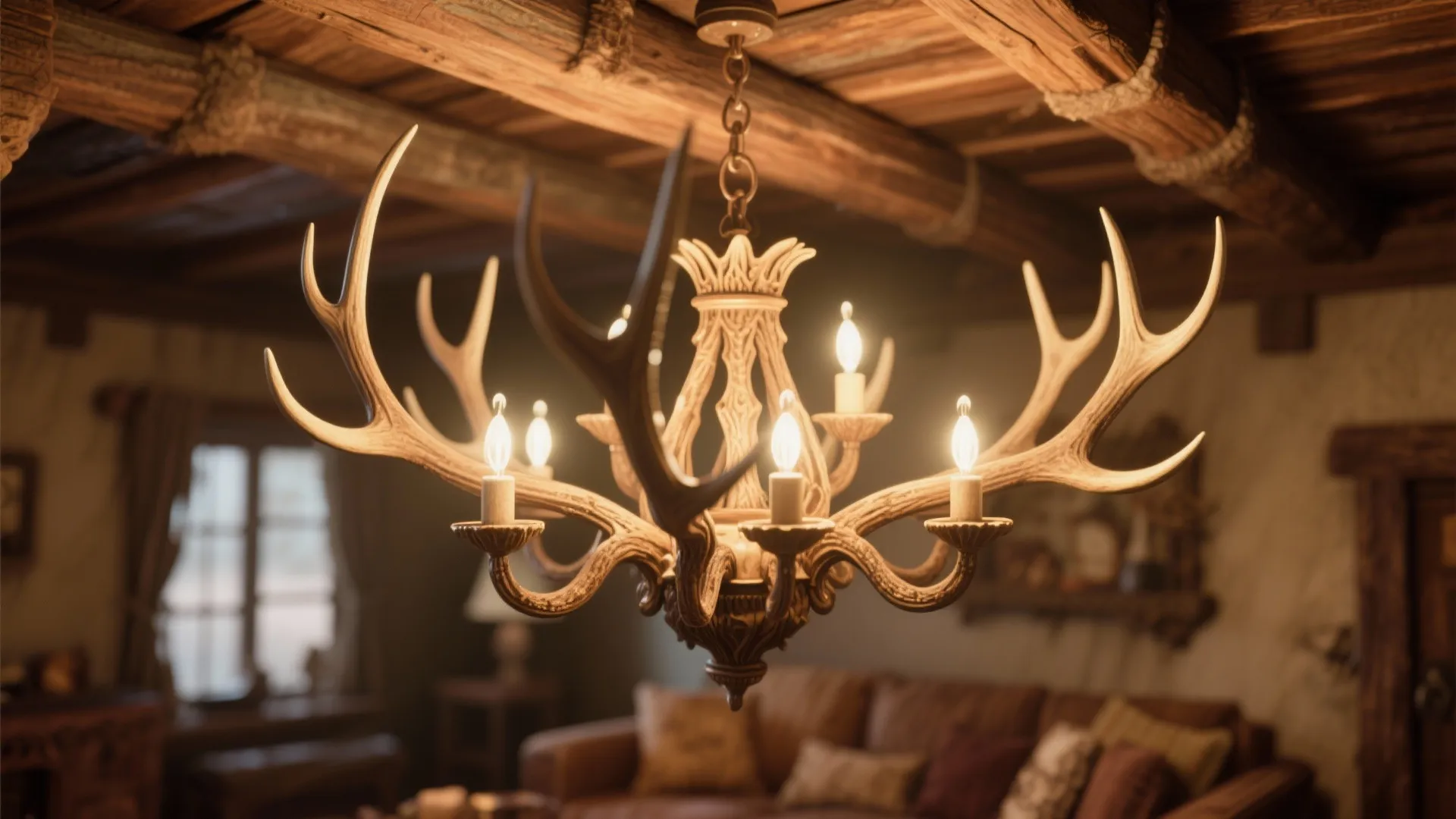 Close-up of a rustic antler chandelier glowing warmly