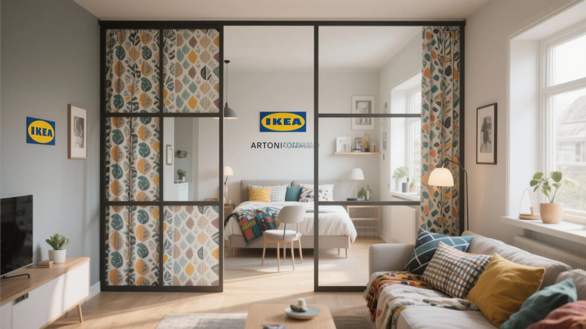 Fabric-wrapped IKEA ANTONIUS frames as a room divider