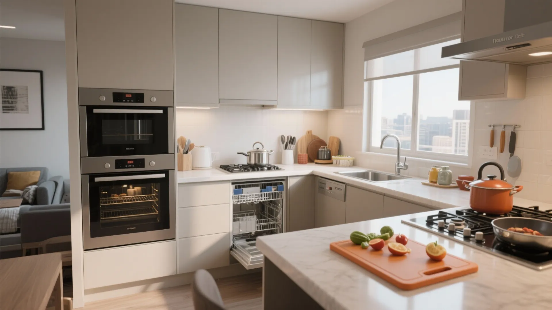 Modern kitchen with grey cabinets featuring an open dishwasher and a built-in oven with decor
