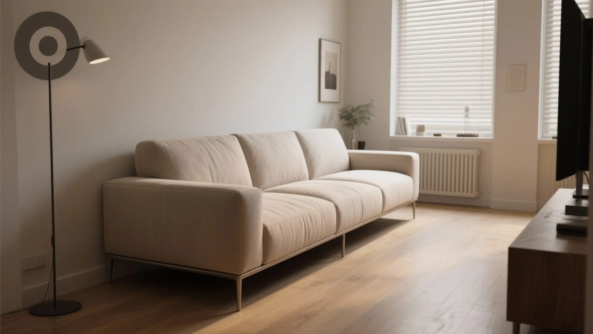 Modern white sofa in minimalist living room with wooden floor black floor lamp and window blinds