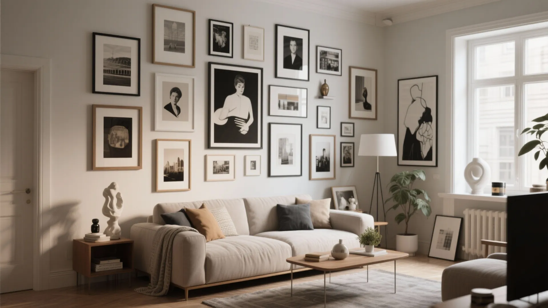 Bright living room with a large sofa and many framed pictures hanging on the wall