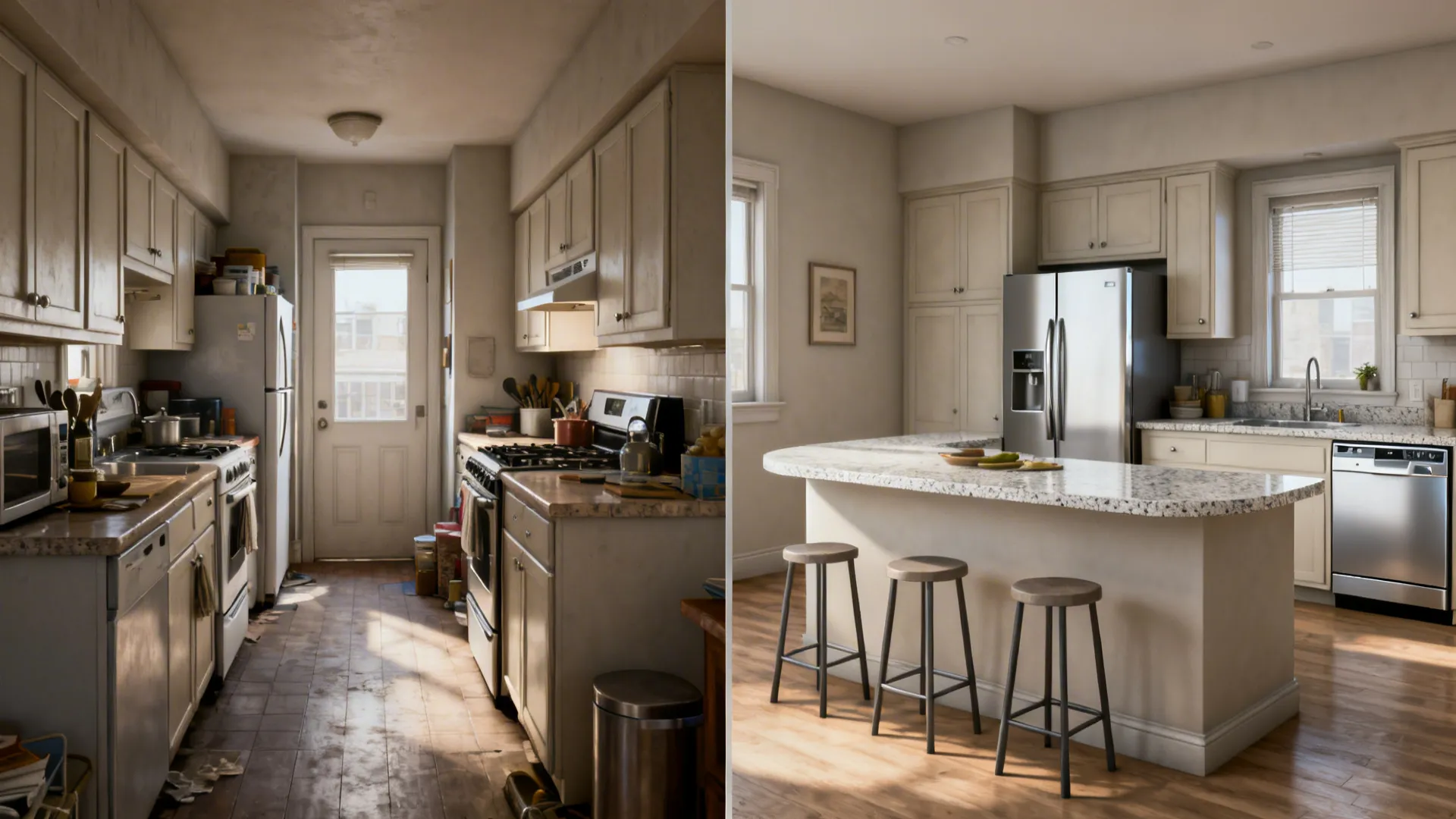 Before-and-after showing bulky U-shape vs. slim G-shaped apartment kitchen.