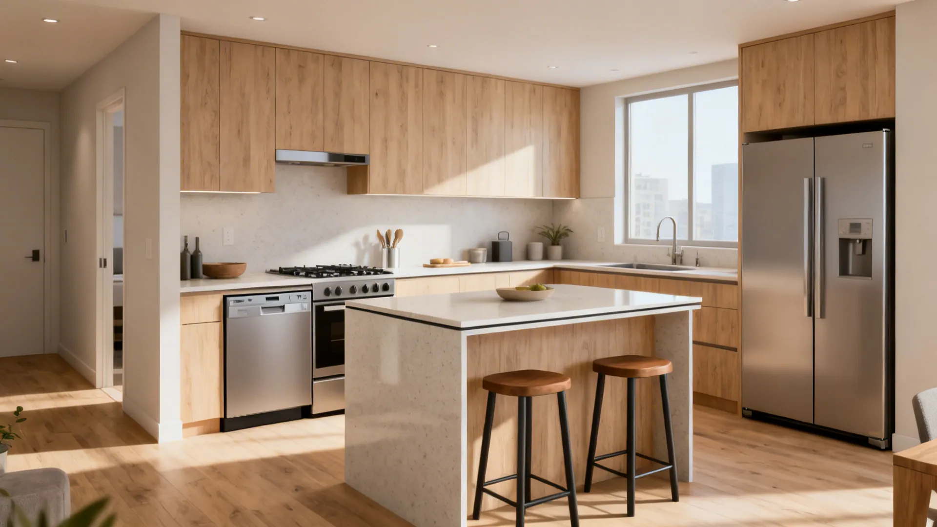 Apartment G-shaped kitchen with slim appliances and reduced overhangs.