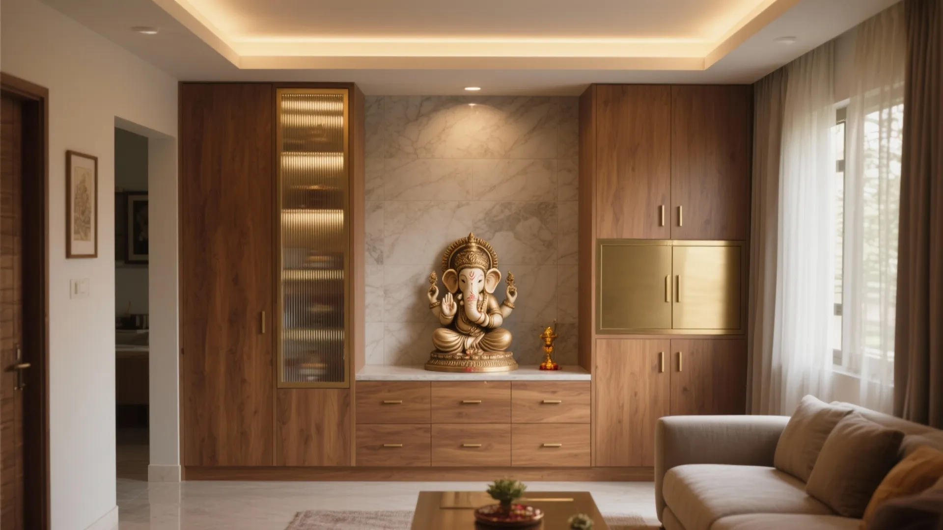 Modern living room featuring wood cabinets marble wall gold statue beige sofa and warm lighting