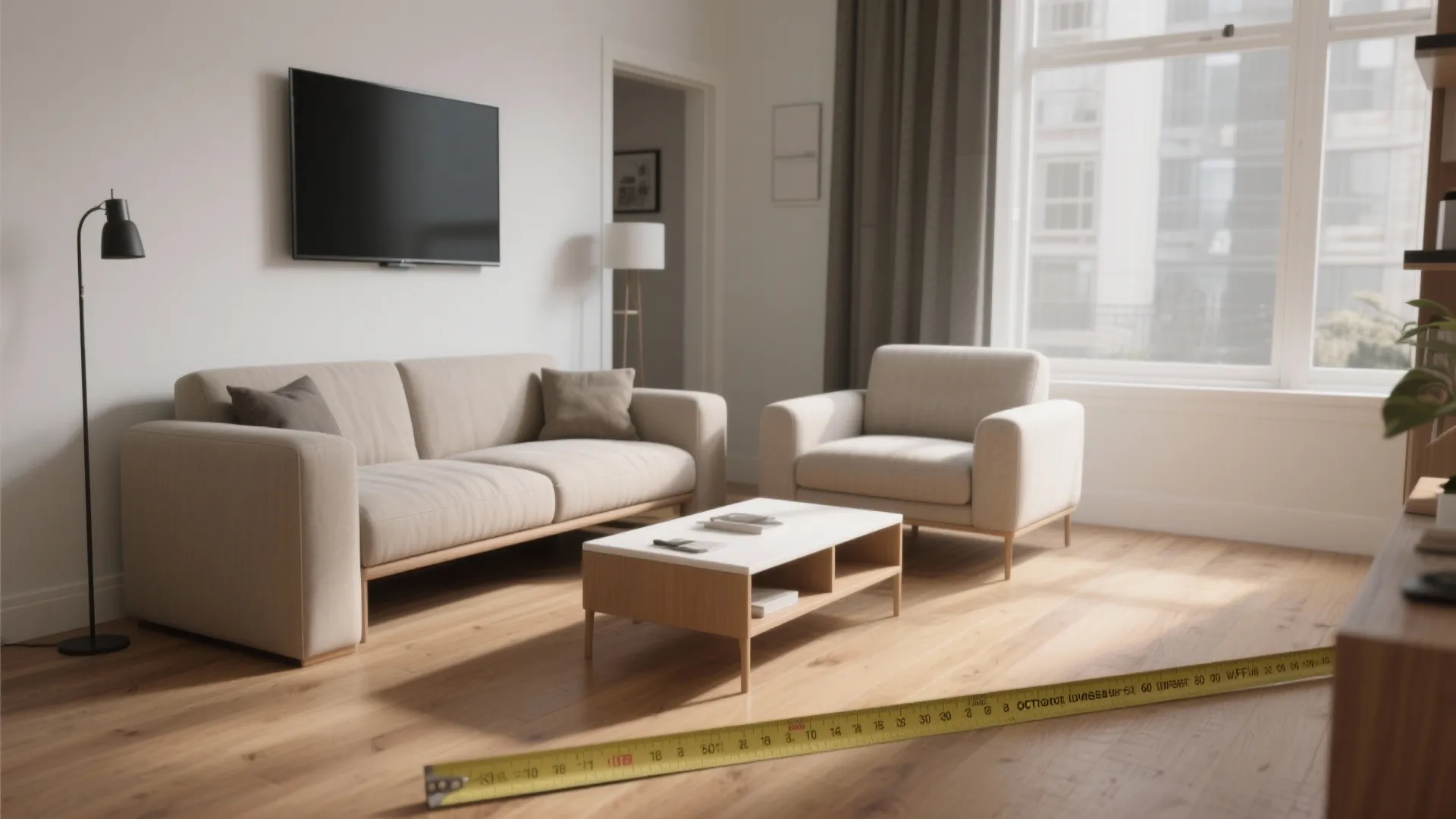 Living room interior featuring a sofa coffee table wall television and yellow tape measure tool