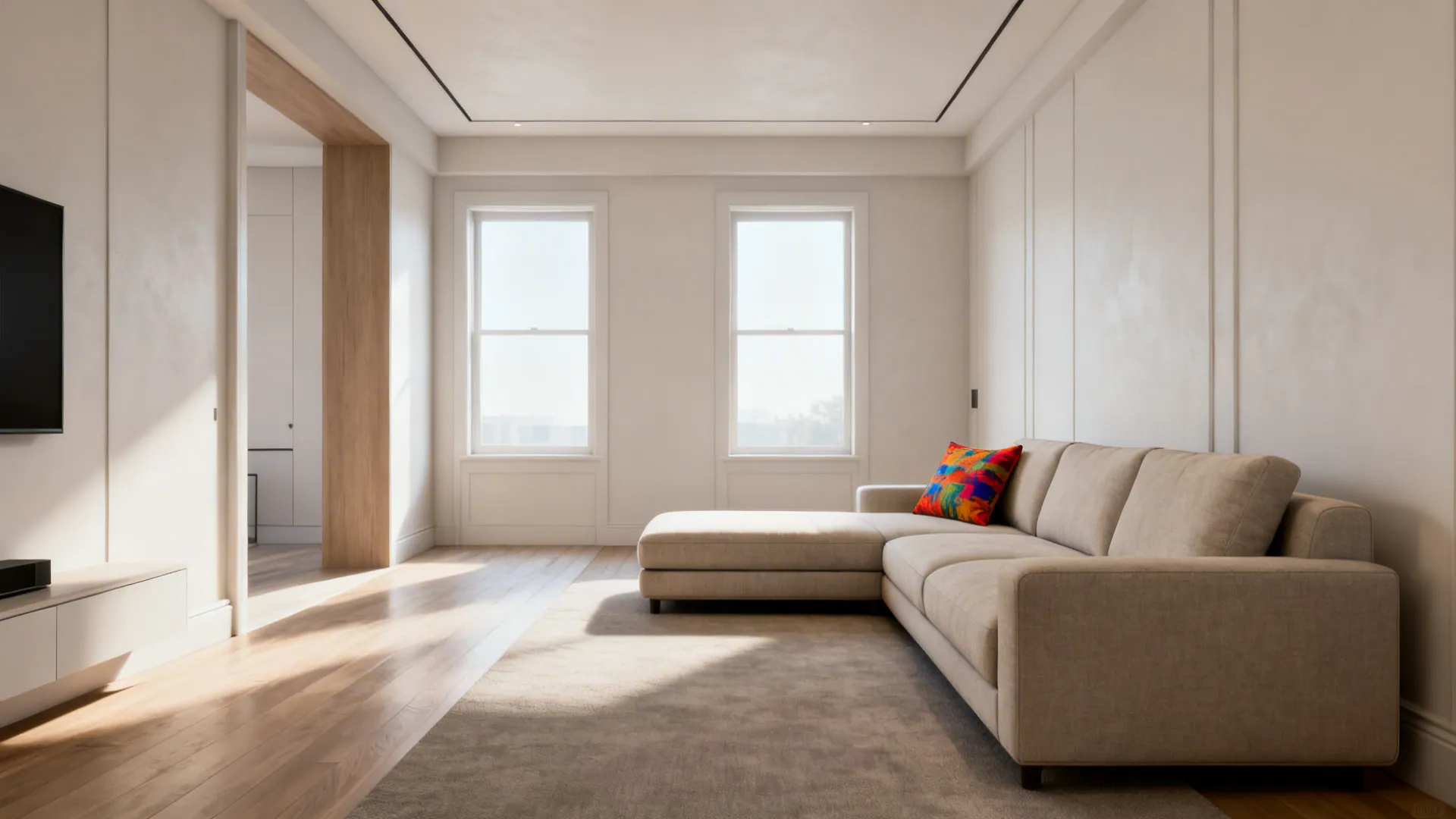 Compact apartment-size sectional with a shallow chaise in a small living room preserving circulation.