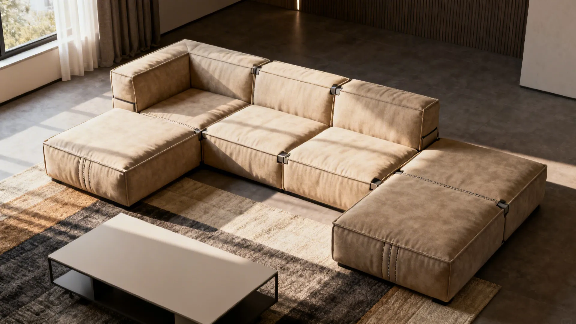 Compact apartment sectional with a reversible chaise in a studio layout.