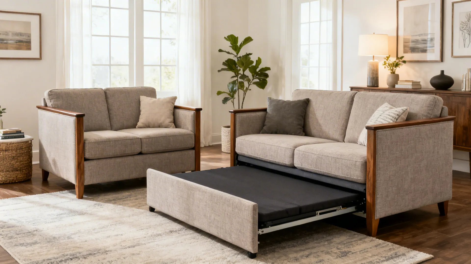 Compact living room with an apartment-scale sleeper sofa showing open-bed clearance.