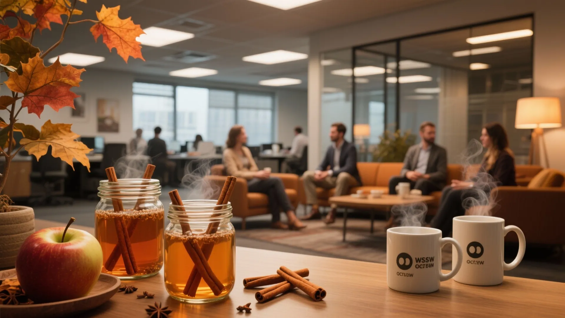 Cider with cinnamon sticks and mugs on a table with people talking in the background