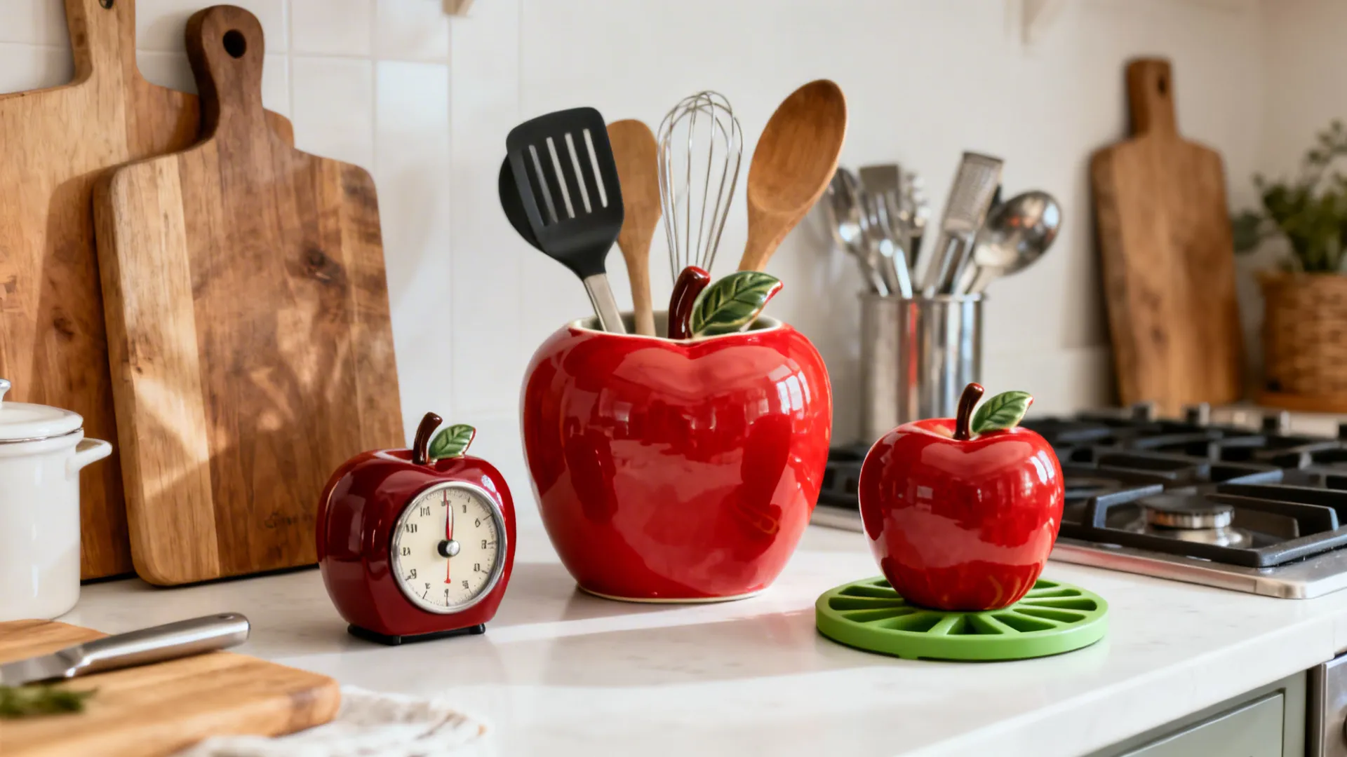Curated countertop vignette with ceramic apple crock, matte red timer, and green trivet in a tidy triangle.
