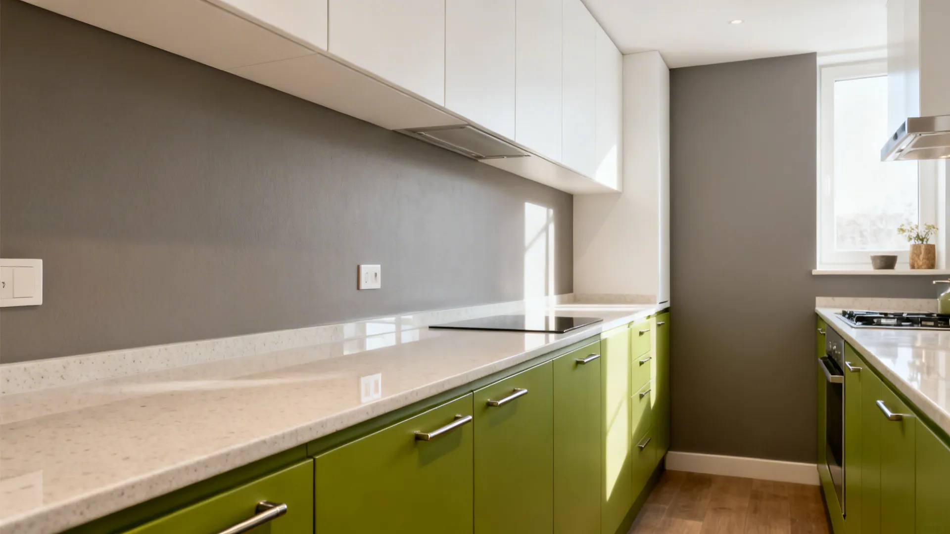 Two-tone small galley kitchen with apple-green lower cabinets, matte white uppers, and warm gray walls.