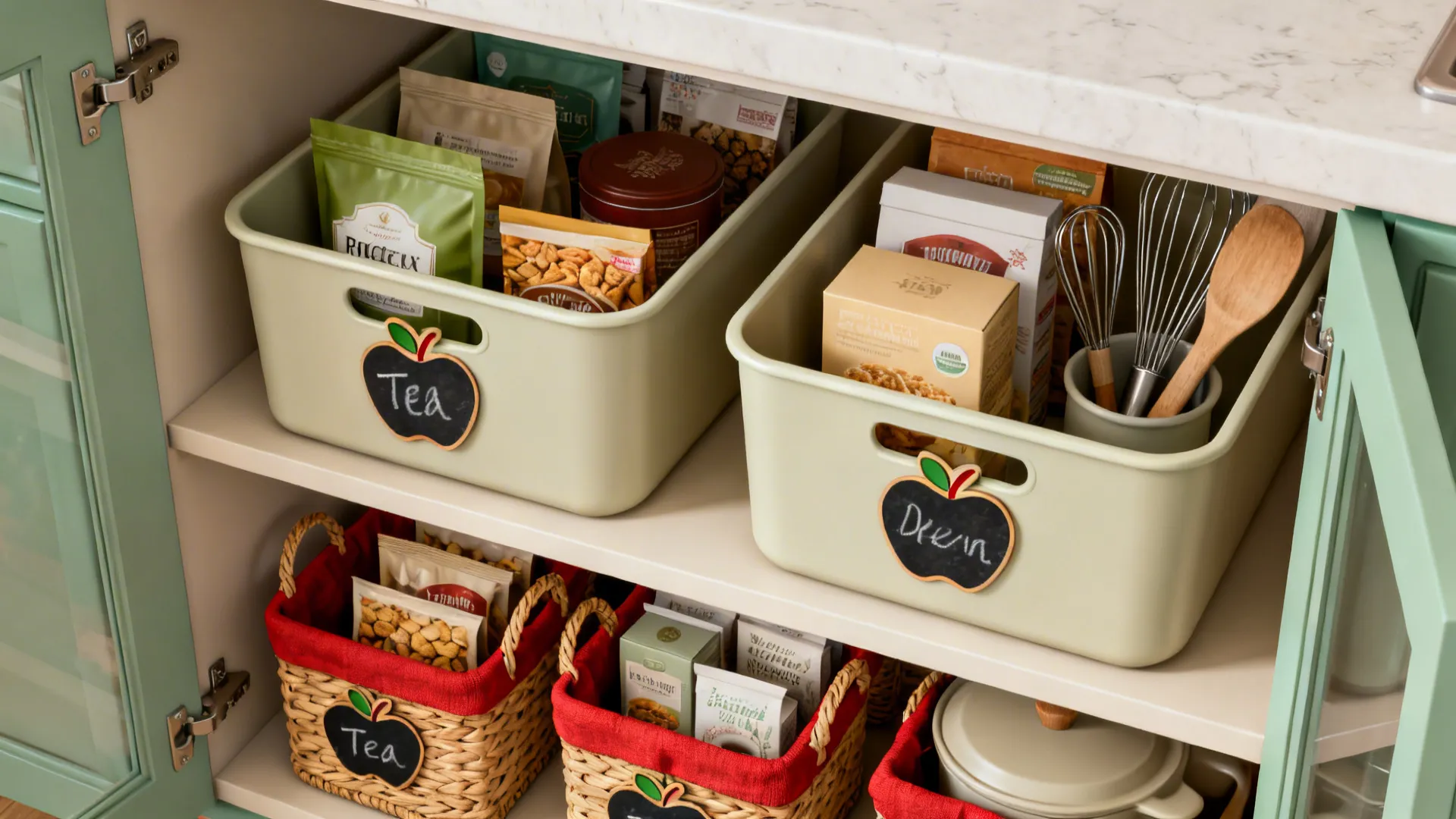 Top-down view of pantry bins and woven baskets with apple-shaped labels arranged for small kitchen storage.
