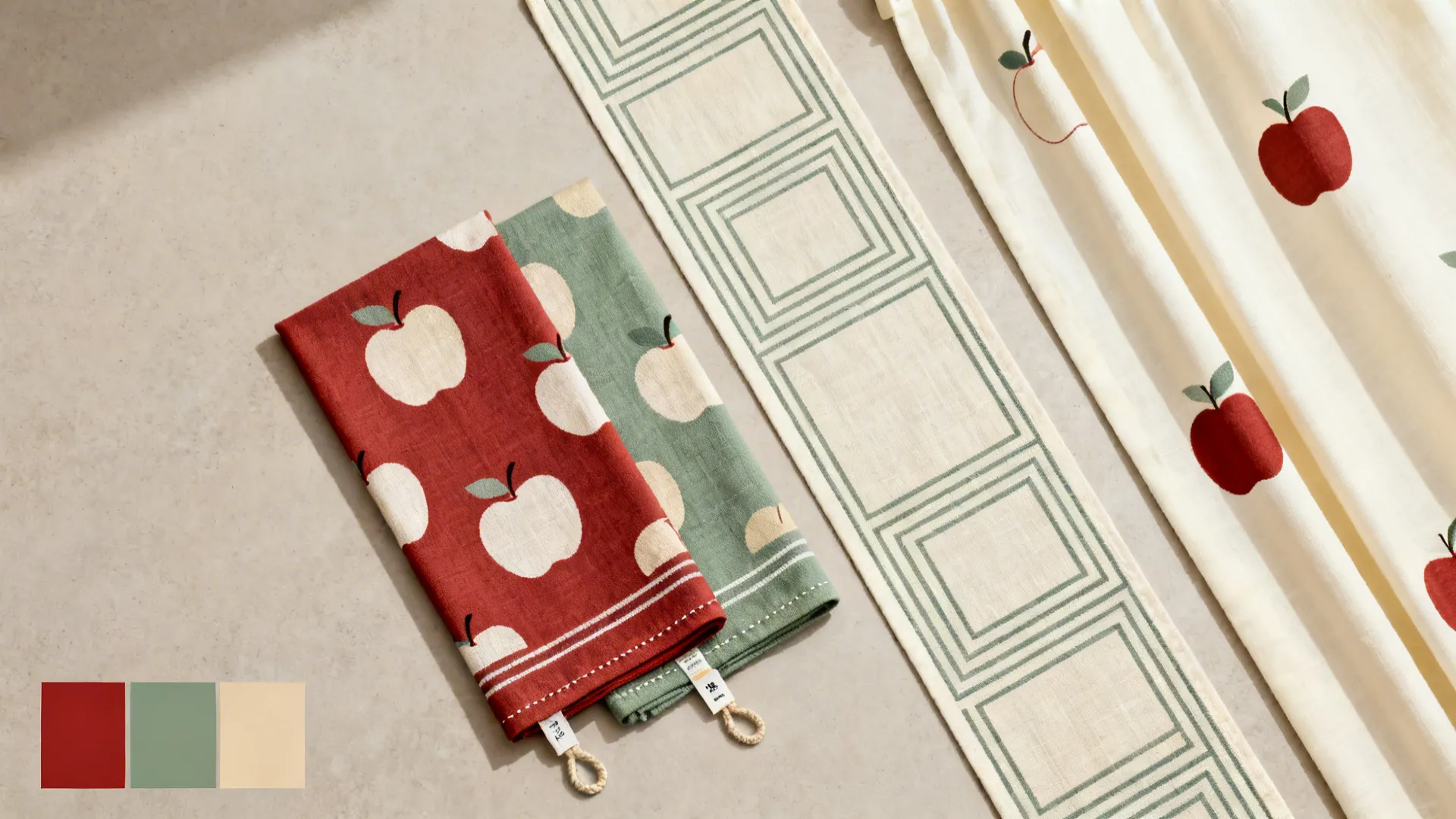 Top-down flatlay of apple-pattern tea towels, slim runner, and café curtain swatches in muted red and sage.