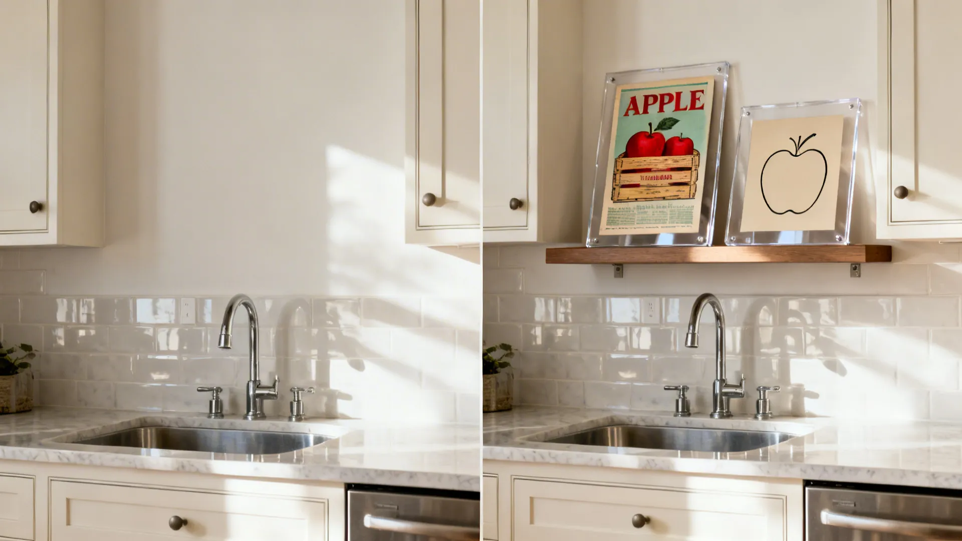 Before-and-after of a small kitchen wall adding a floating shelf with subtle apple-themed art in red and sage.