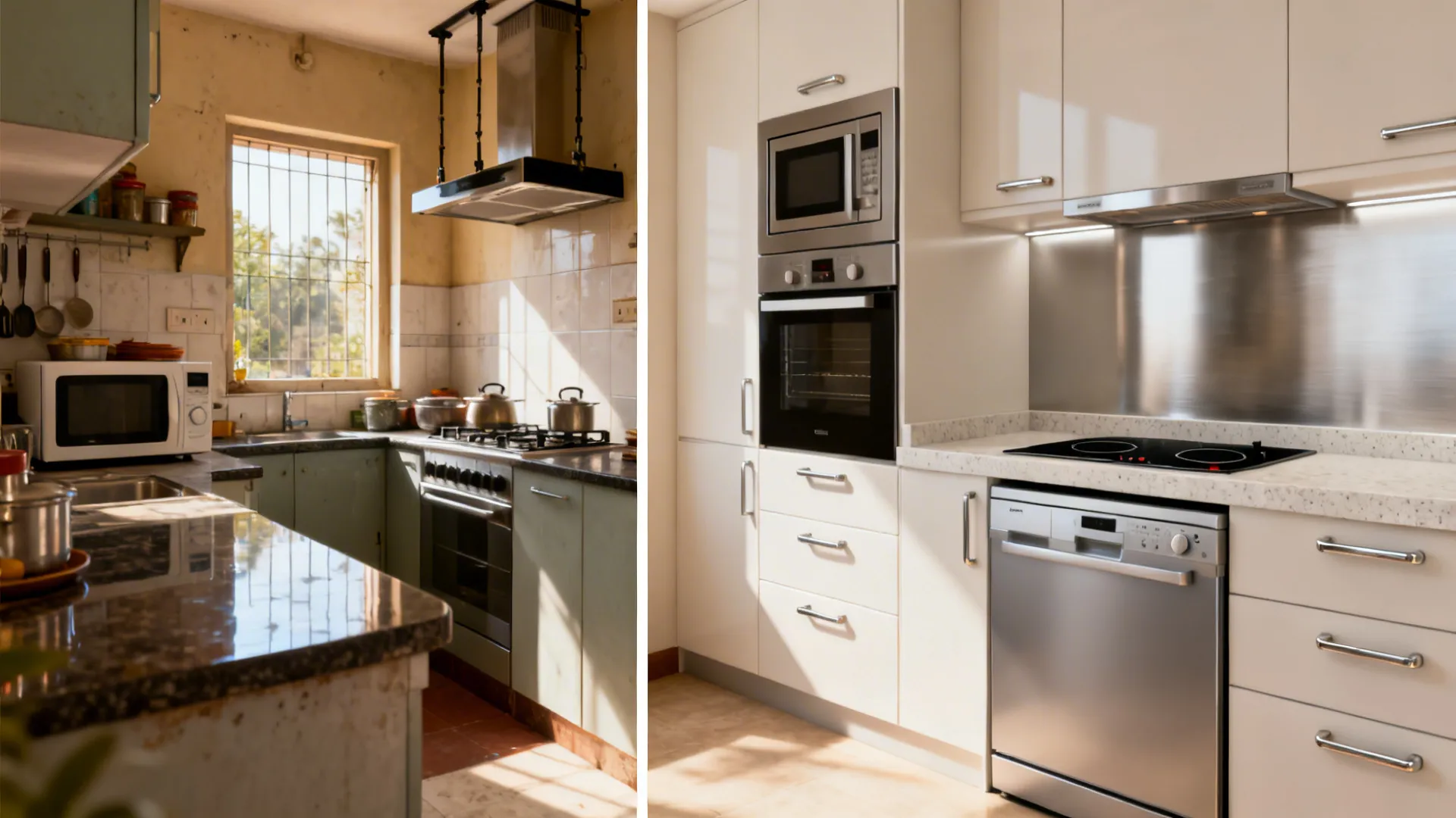 Split view showing old cramped setup vs. new mid-height appliance tower with quartz counters and induction.