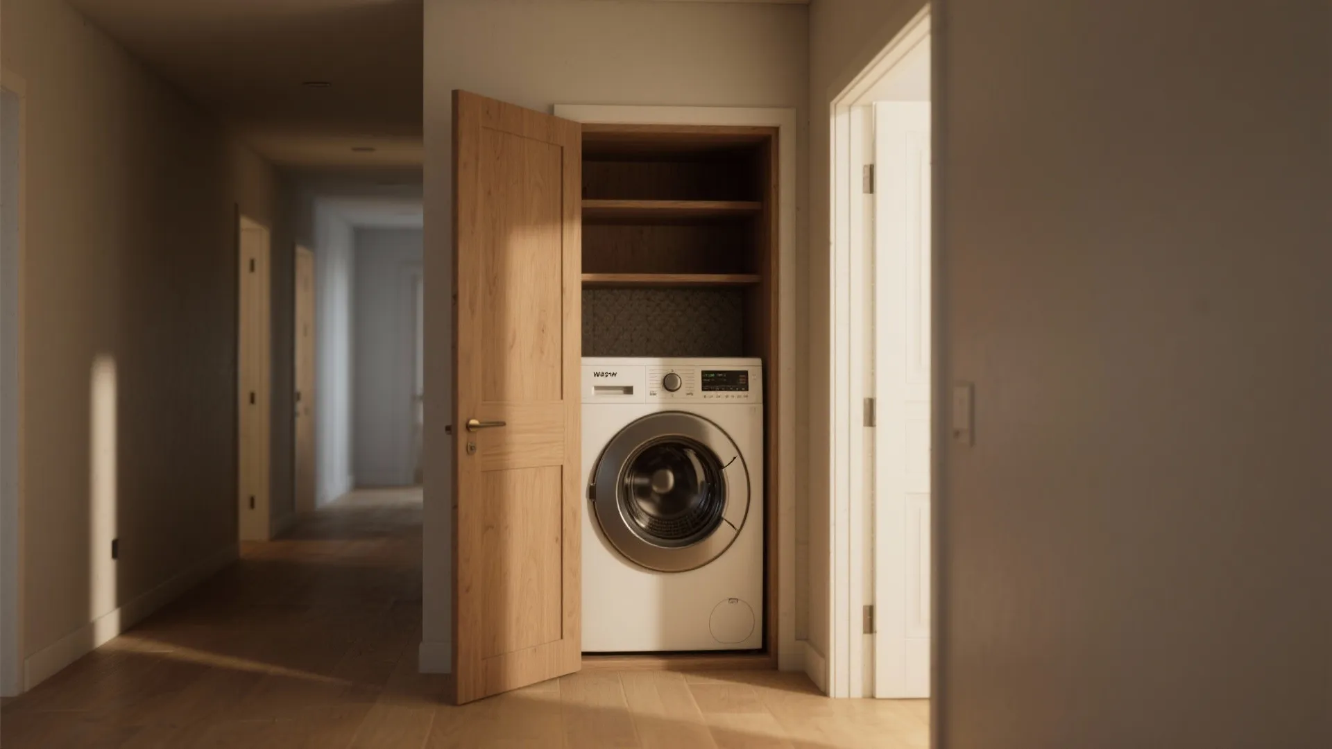 White washing machine inside a wooden closet with open shelves in a bright hallway interior design