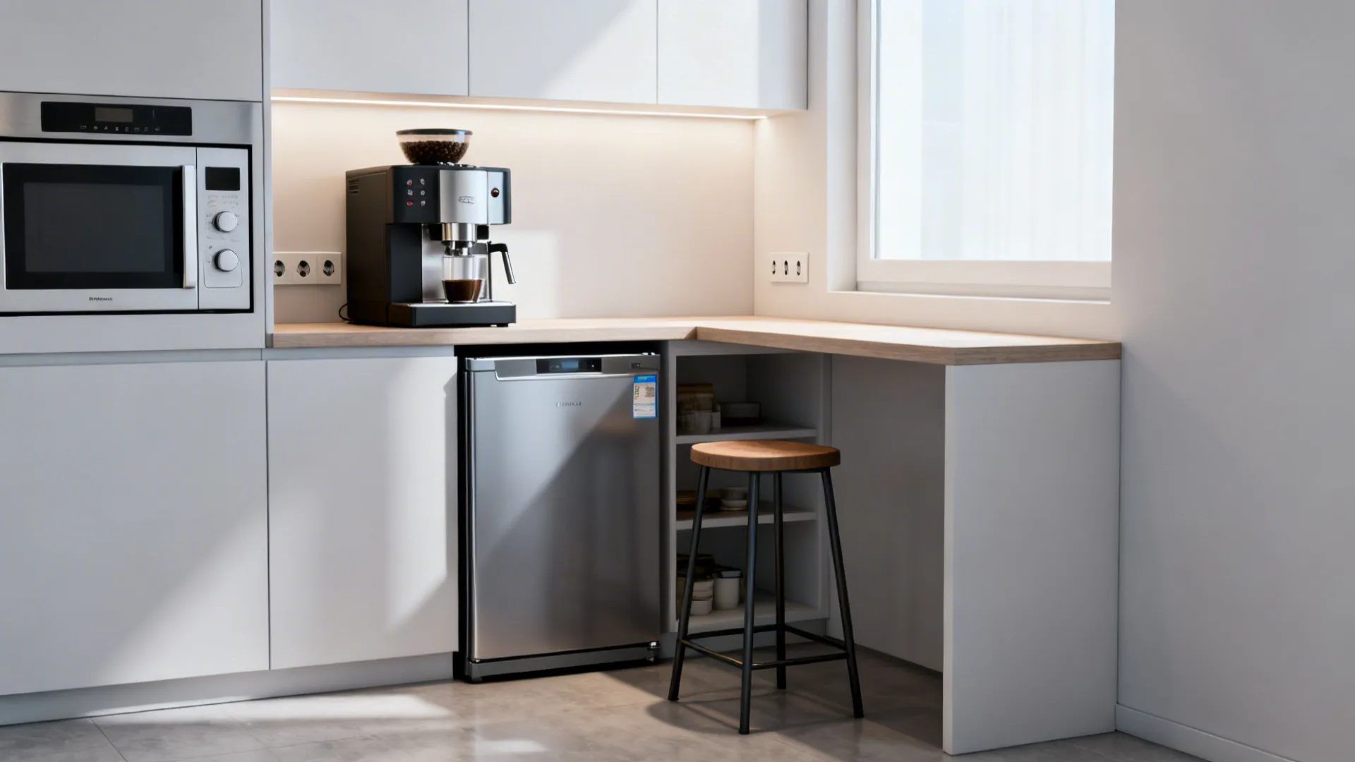 Integrated appliance bank with a narrow breakfast counter and a compact stool in a studio kitchen.