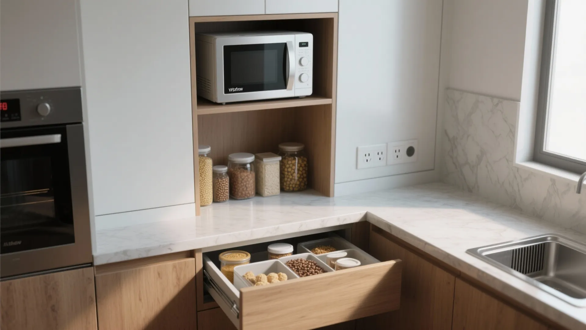 Modern kitchen corner with white microwave marble countertop open drawer containing several organized food containers