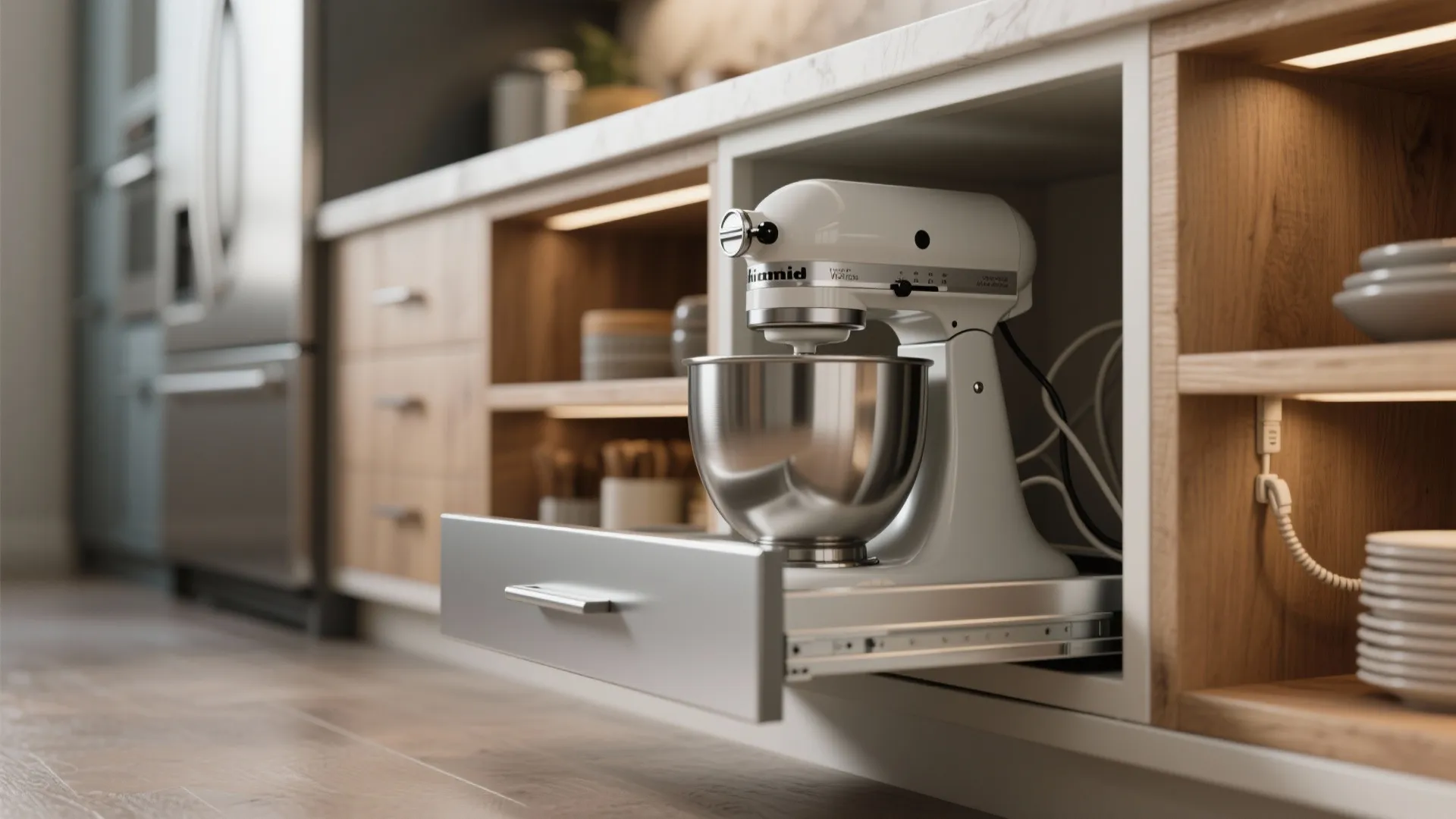 Modern kitchen cabinet with a pullout shelf holding a white stand mixer for easy access