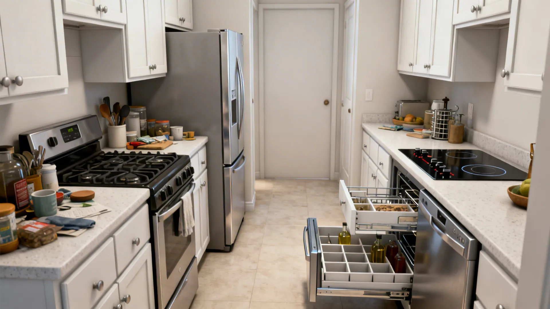 Before and after of a small kitchen showing bulky appliances replaced with compact, space-saving models.
