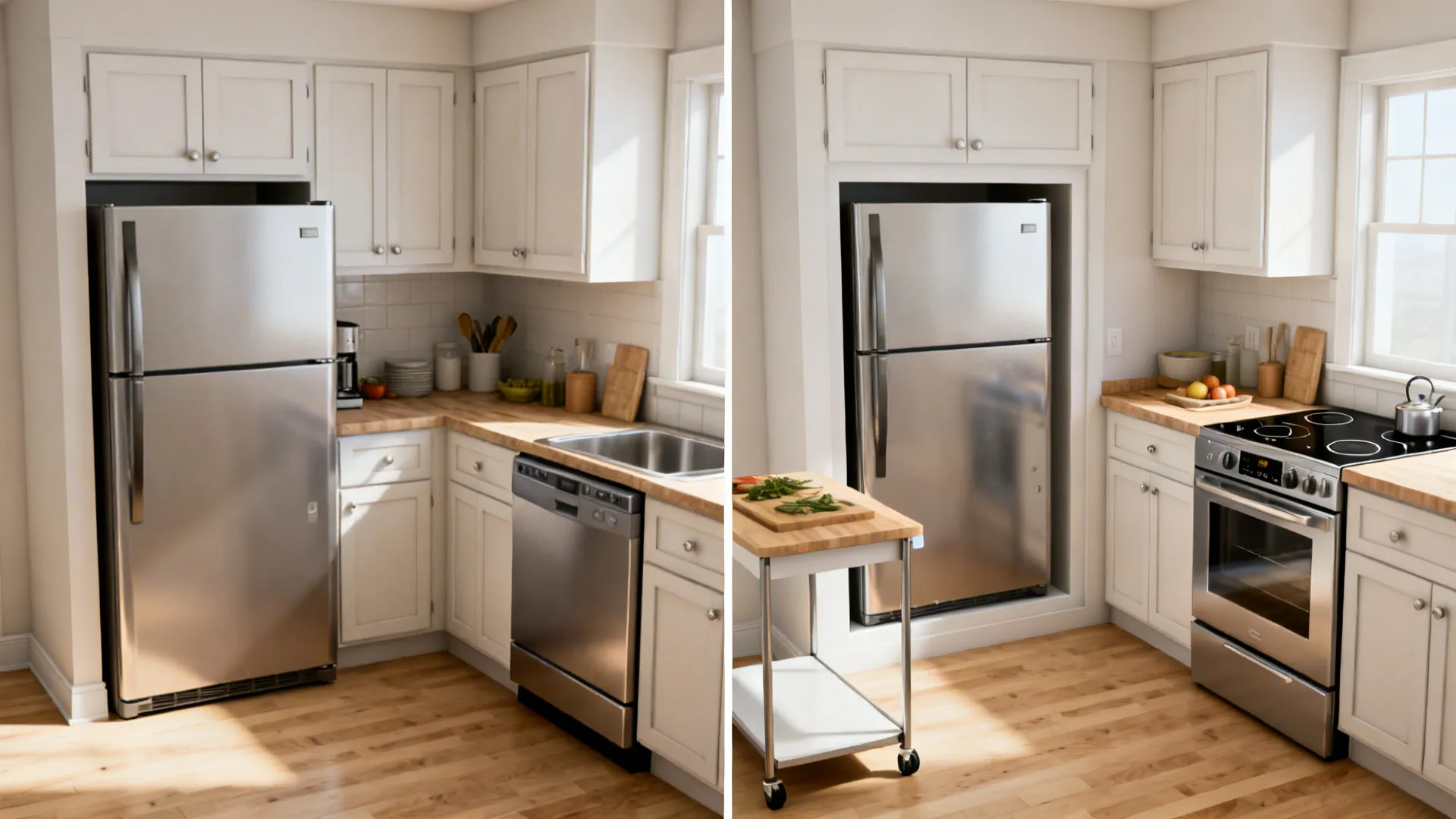Before-and-after of a 10x8 kitchen showing bulky appliances replaced by compact models and added prep space.