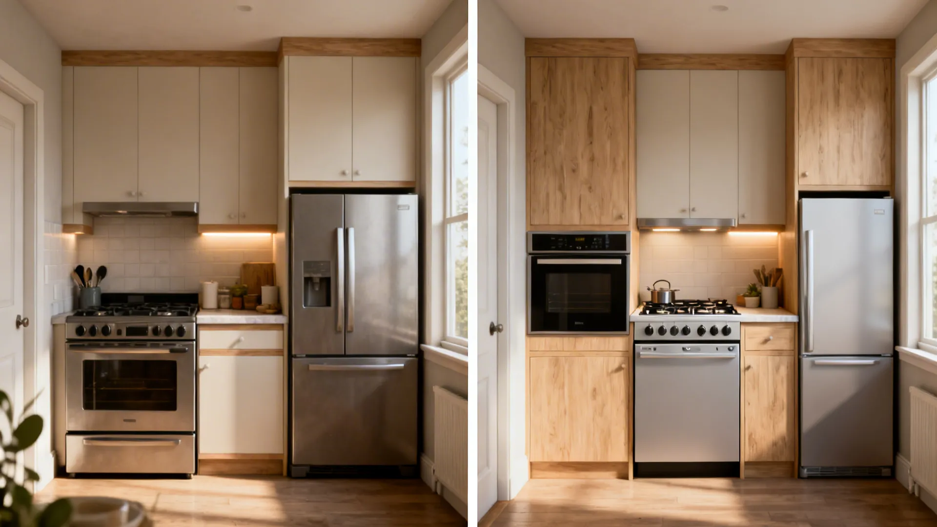 Before-and-after of a tiny kitchen showing bulky appliances replaced with 24-inch, panel-ready units for a seamless look.