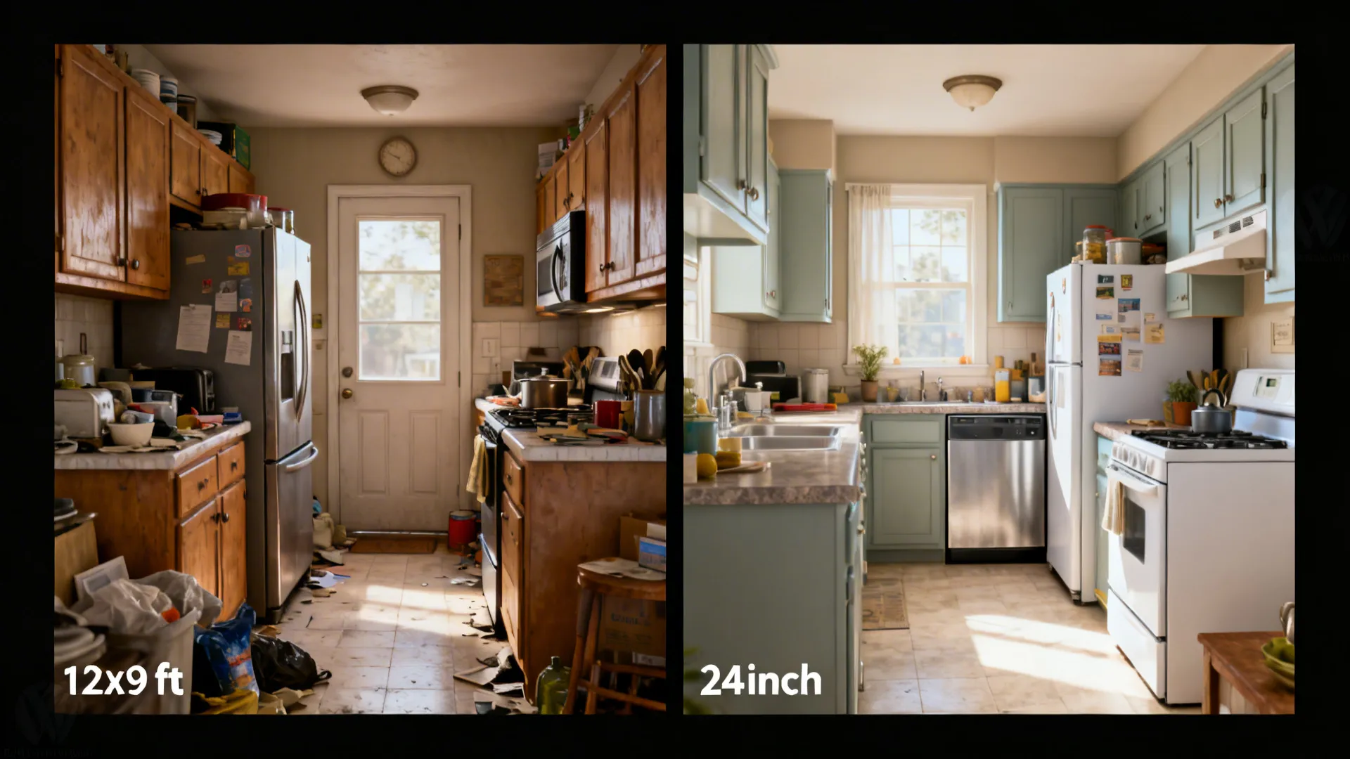 Before-and-after comparison of a 12×9 ft kitchen optimizing appliance sizes and clearances.