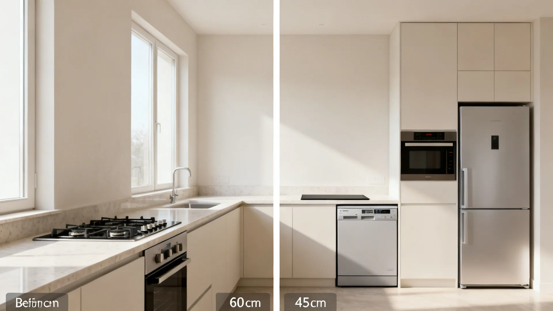 Before-and-after of a one-slab kitchen showing compact panel-ready appliances and added prep space.