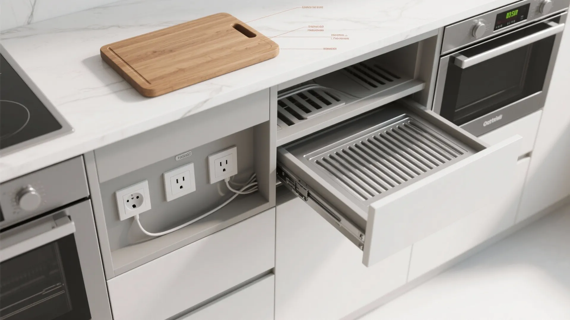 Modern kitchen counter with wooden cutting board wall power outlets and open metal storage drawer