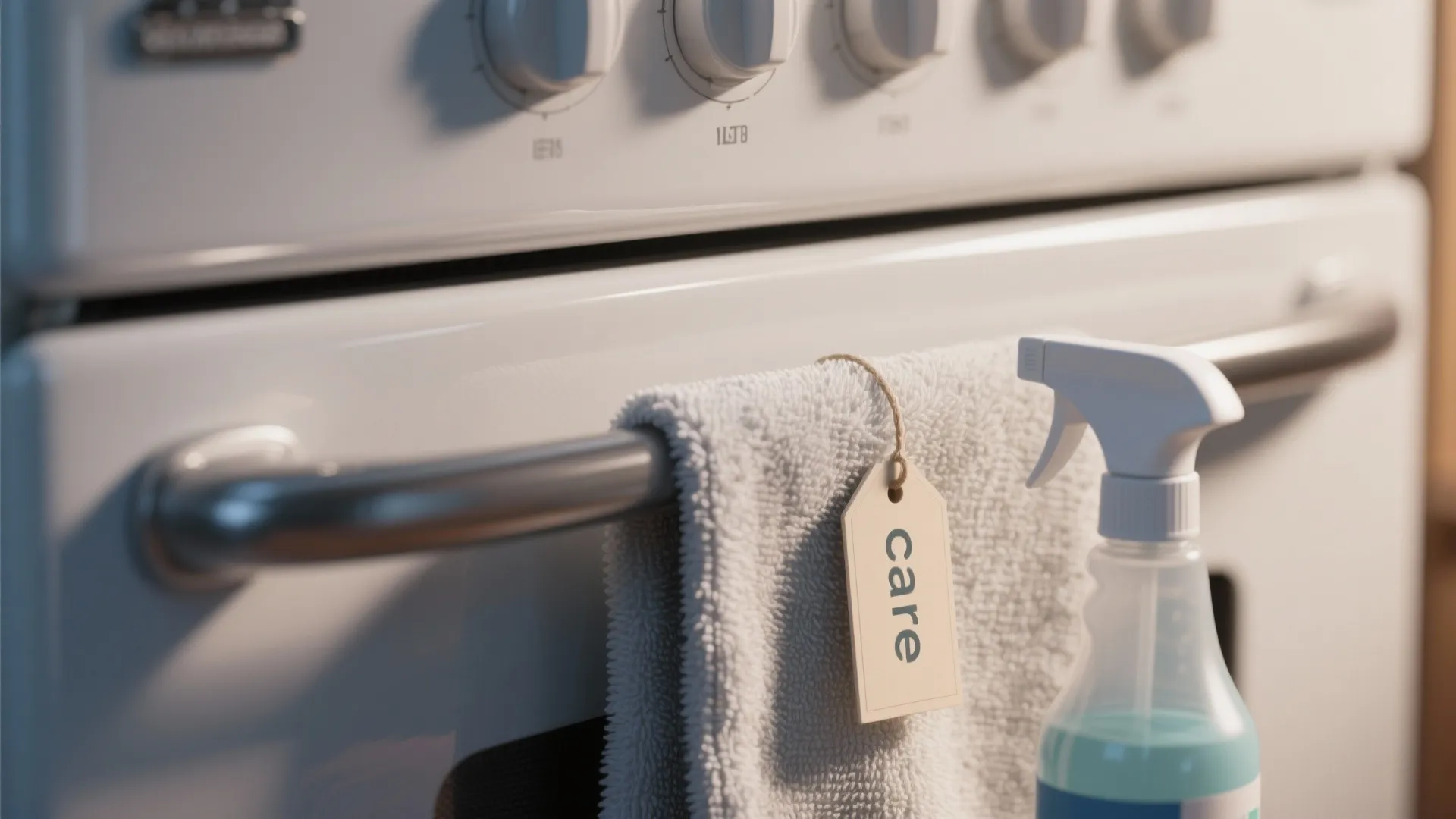 Close up of a white oven with a cleaning spray bottle and hanging white towel