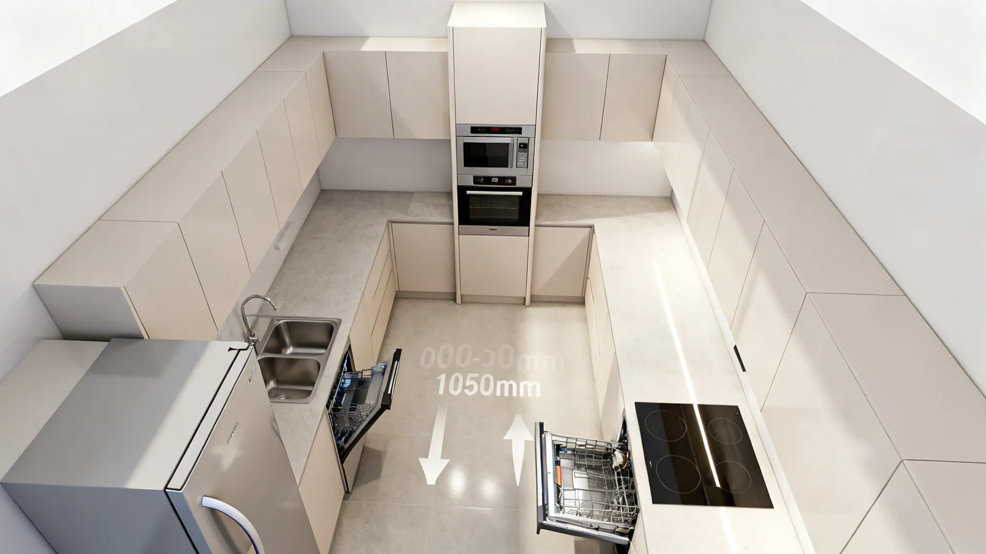 Top-down view of appliance zoning with door swings and aisle clearances in a small kitchen.